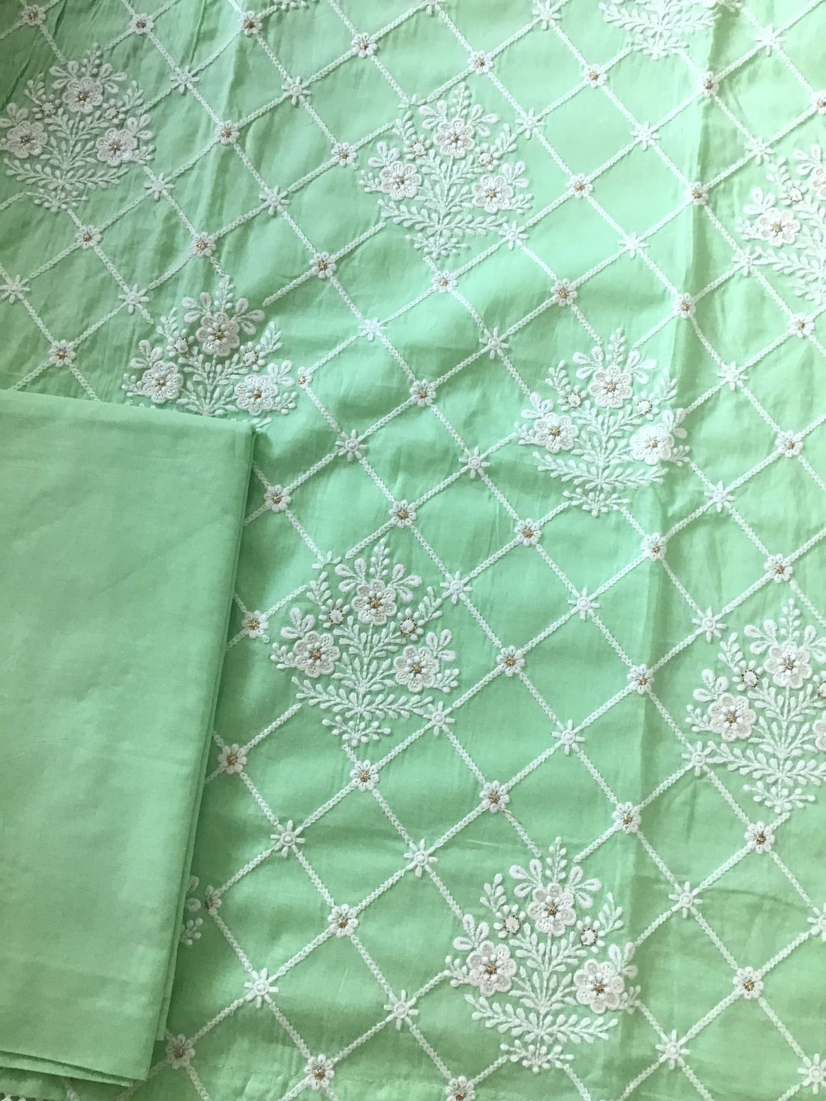Pure Mul Cotton Embroidered Suit - Green
