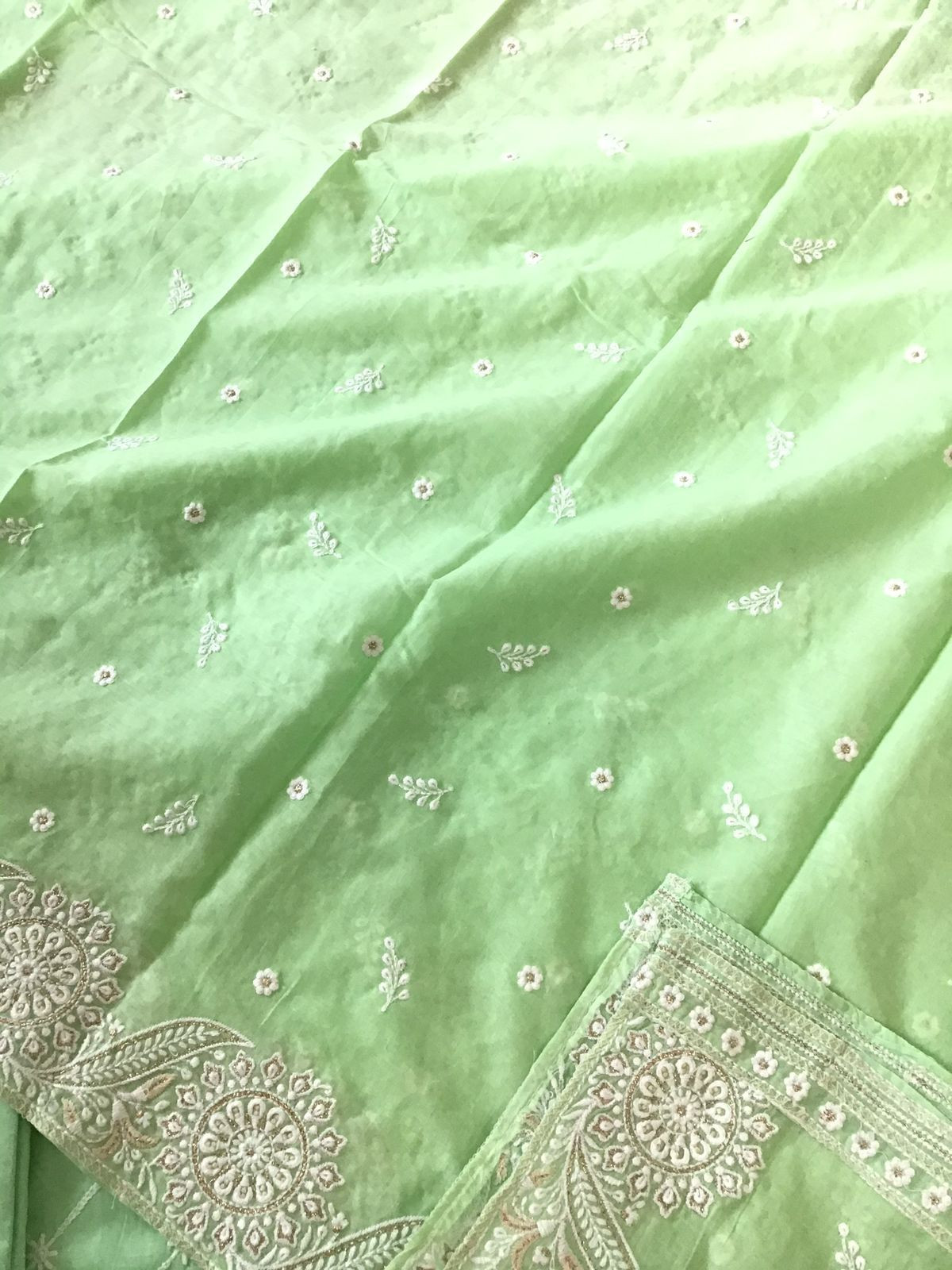 Pure Mul Cotton Embroidered Suit - Green
