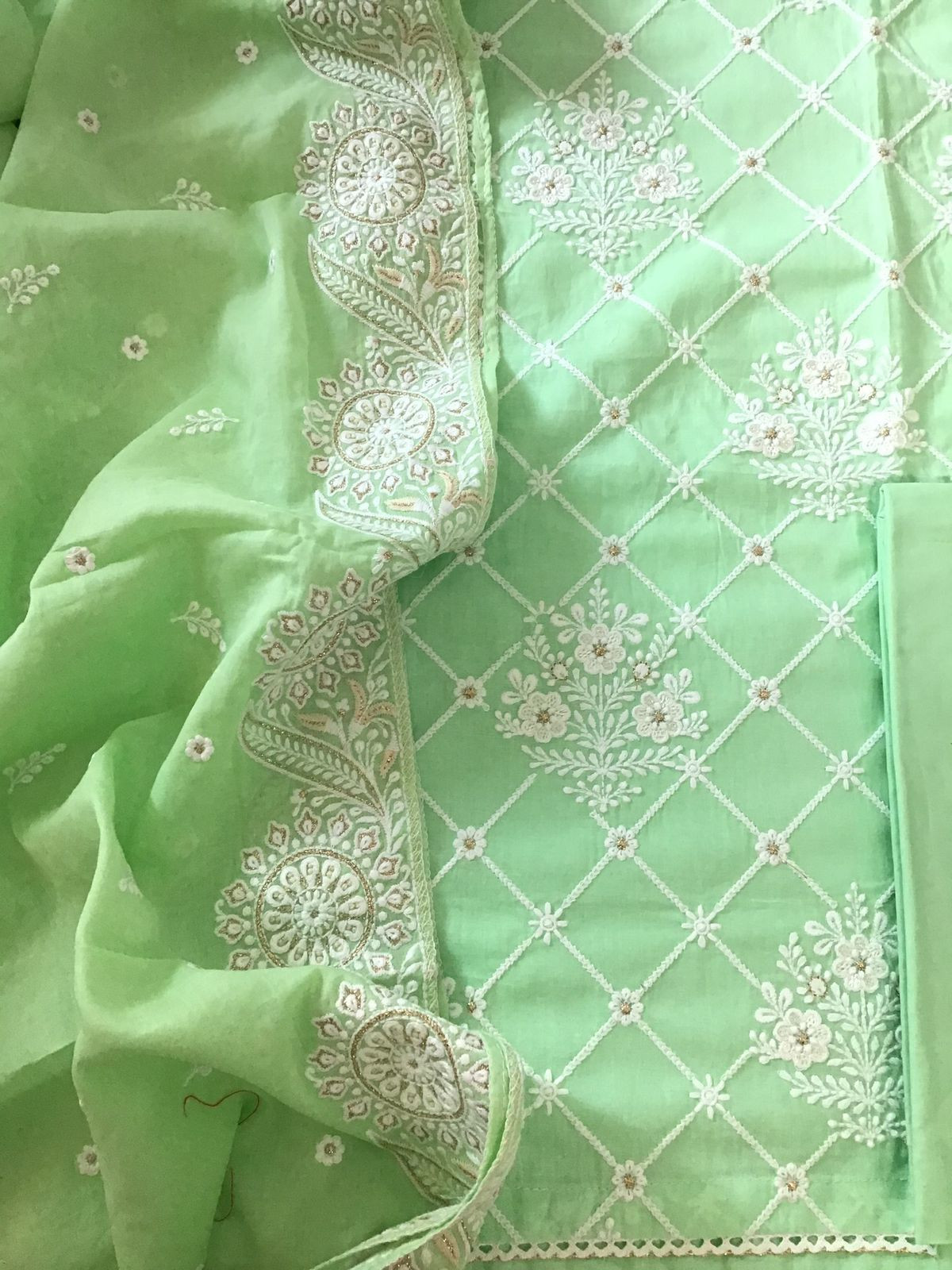 Pure Mul Cotton Embroidered Suit - Green