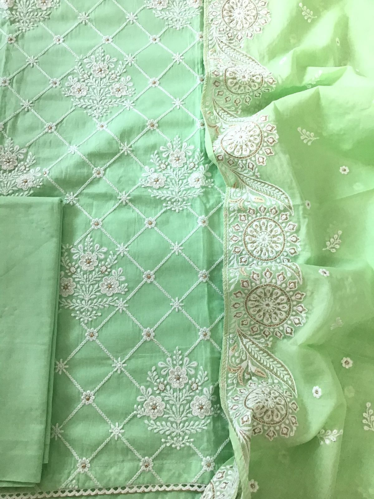Pure Mul Cotton Embroidered Suit - Green