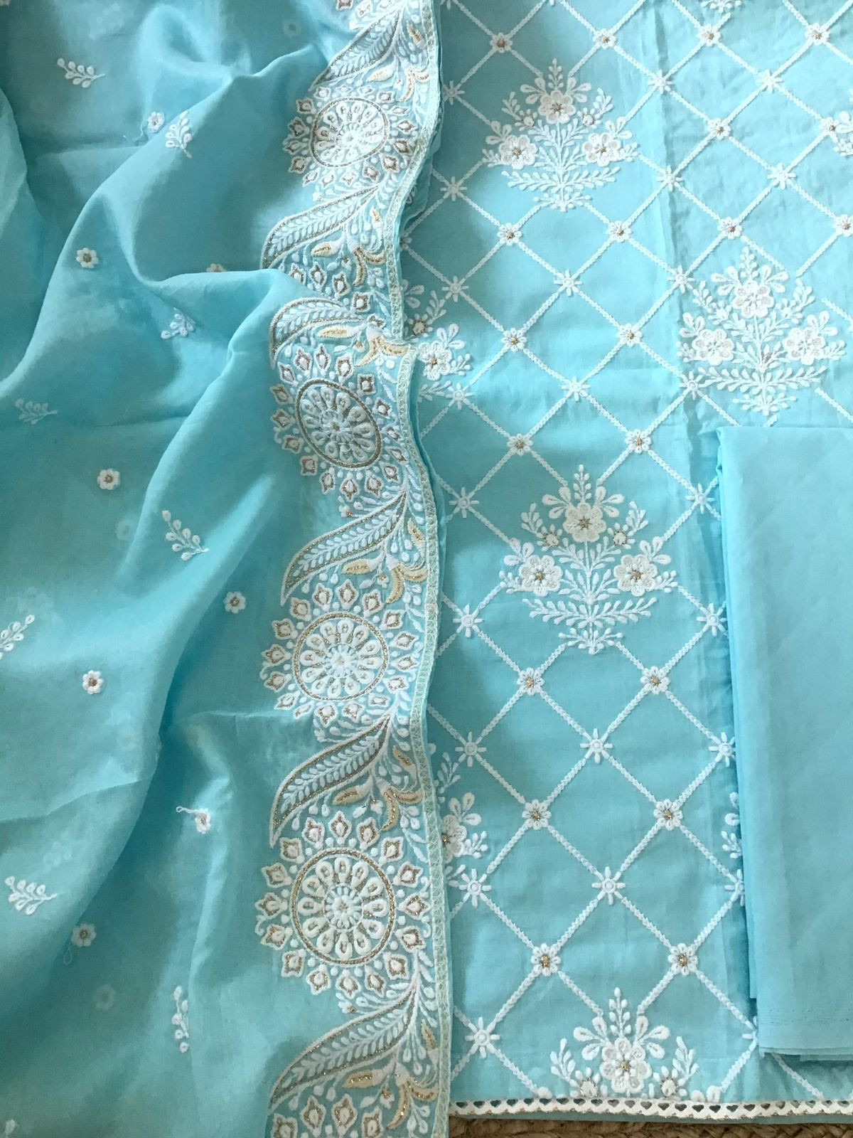 Pure Mul Cotton Embroidered Suit - Blue