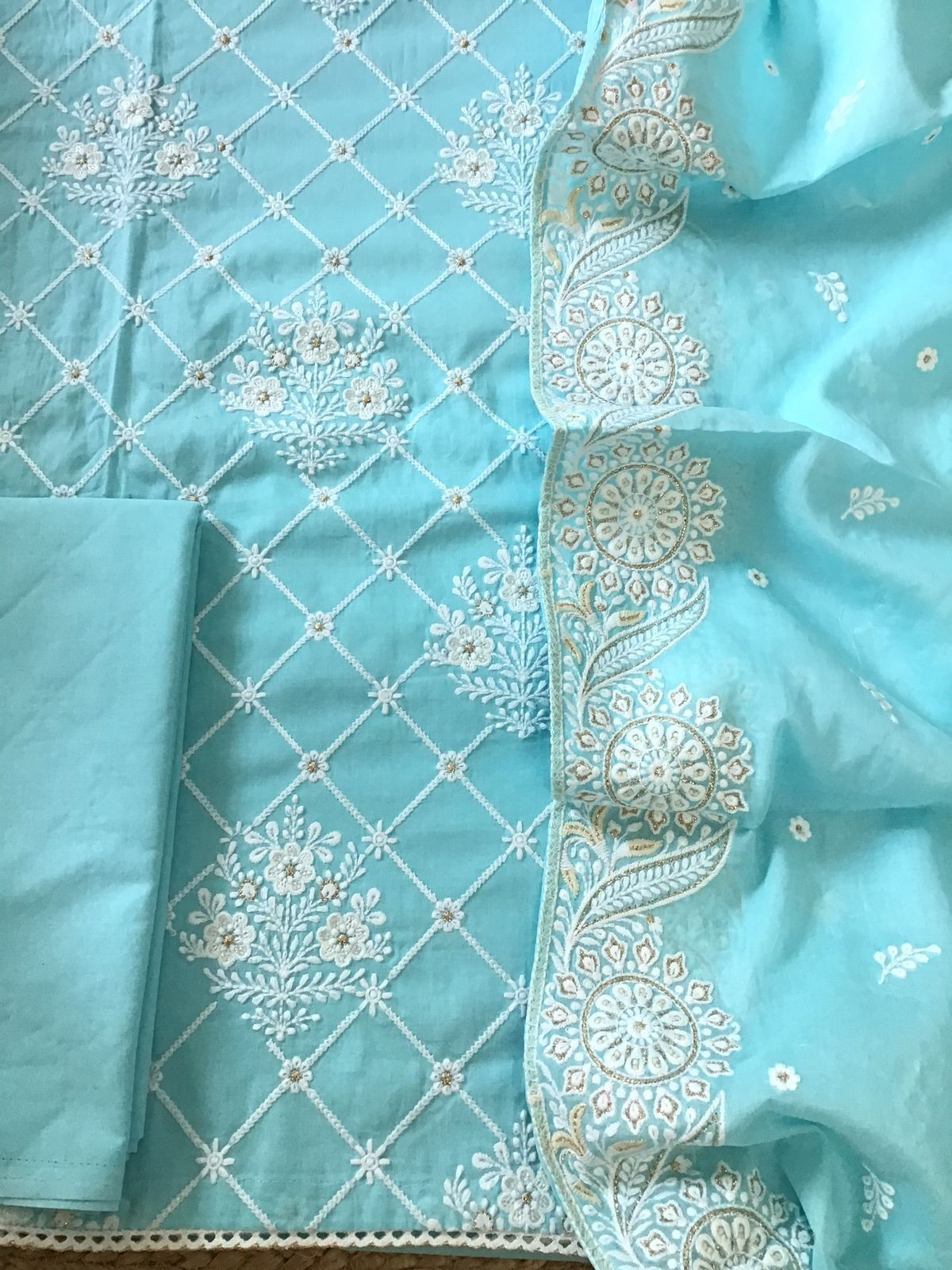 Pure Mul Cotton Embroidered Suit - Blue