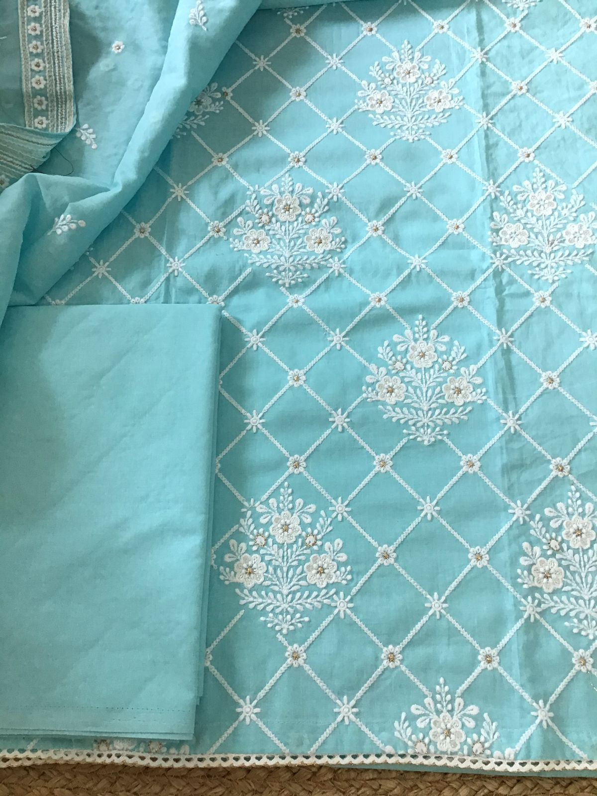 Pure Mul Cotton Embroidered Suit - Blue