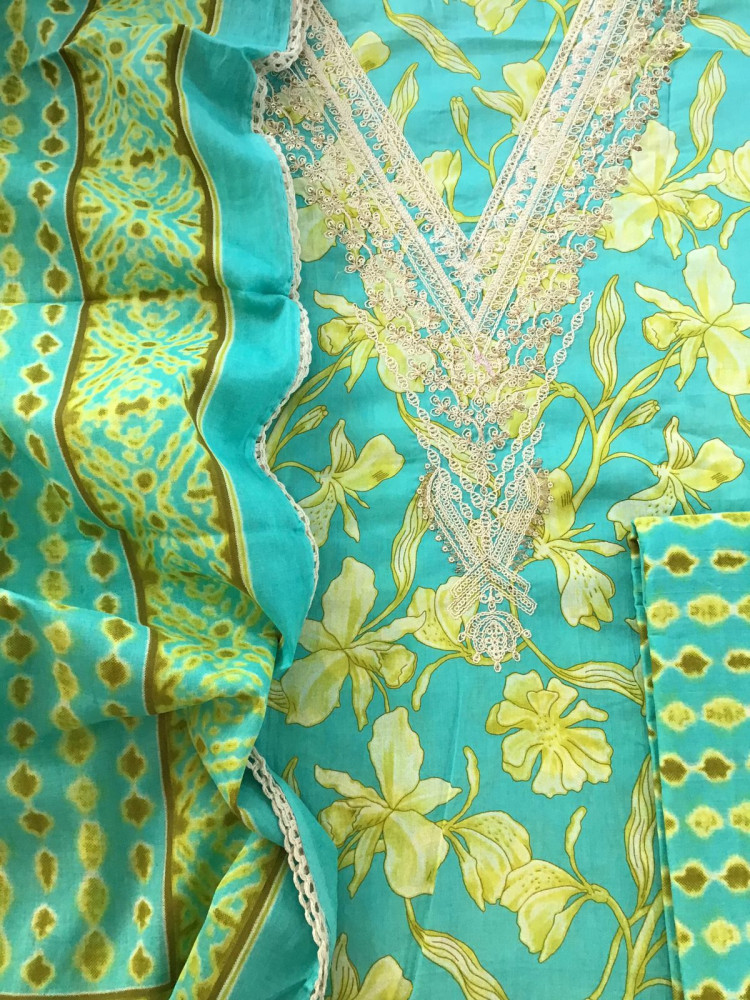 Image of Pure Cotton Printed Embroidered Suit - Green
