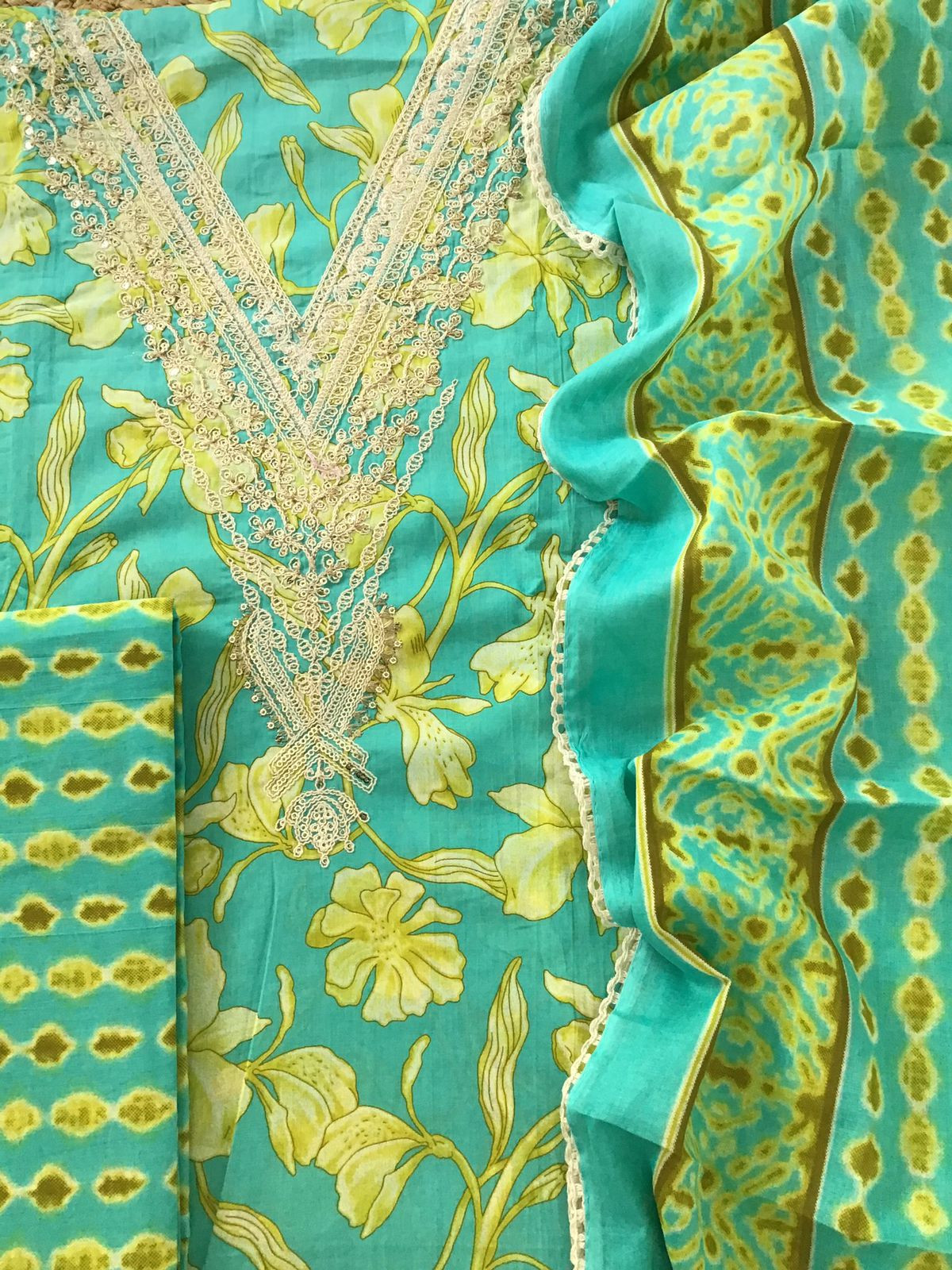 Pure Cotton Printed Embroidered Suit - Green