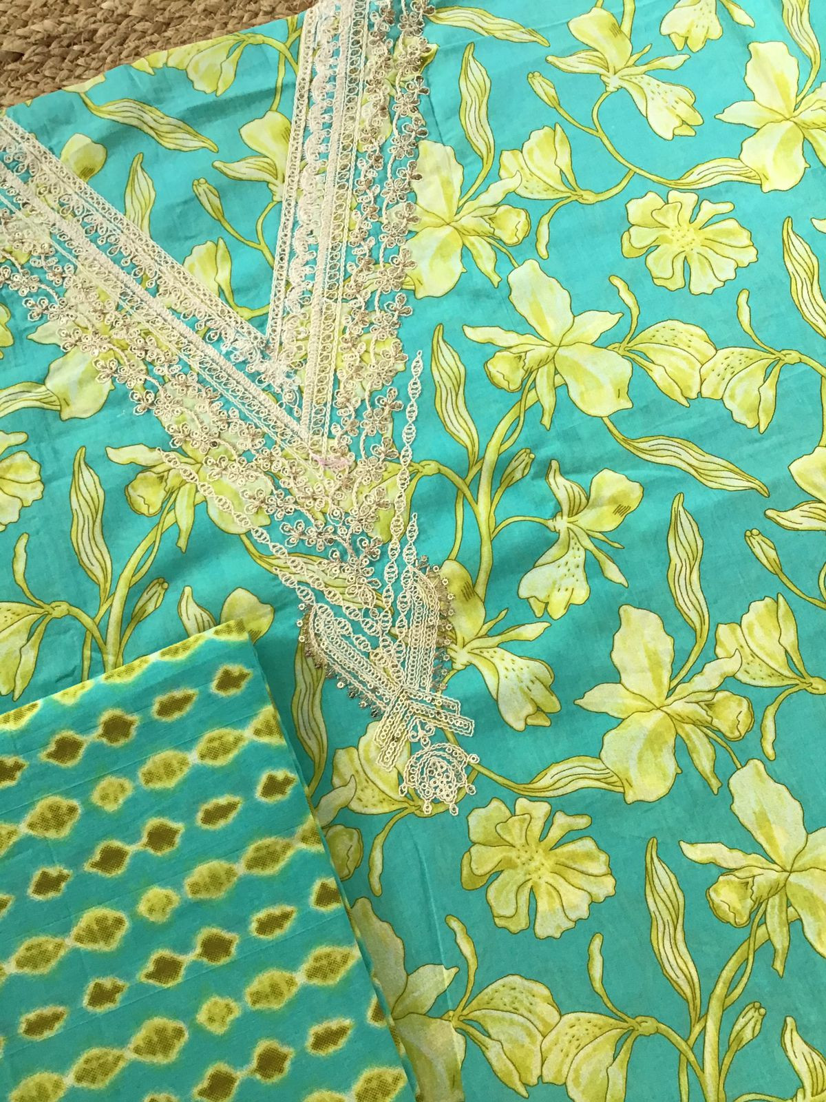 Pure Cotton Printed Embroidered Suit - Green