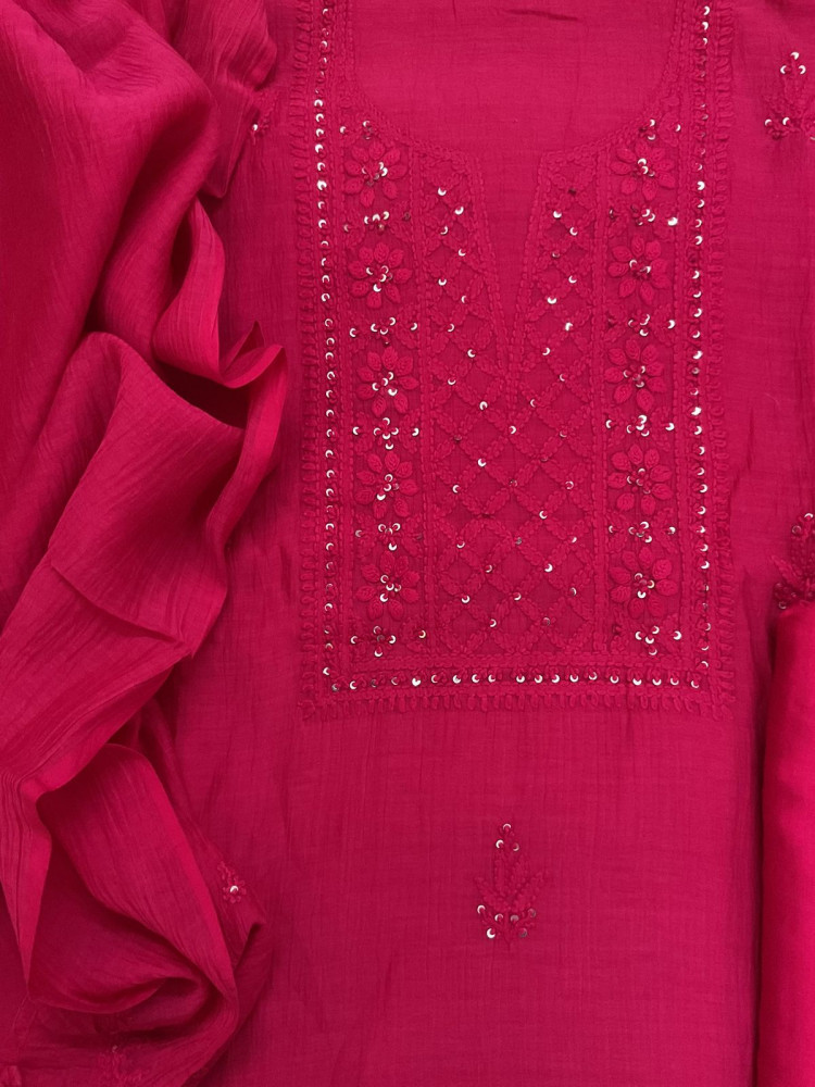 Image of Pure Mul Chanderi Embroidered Suit - Pink