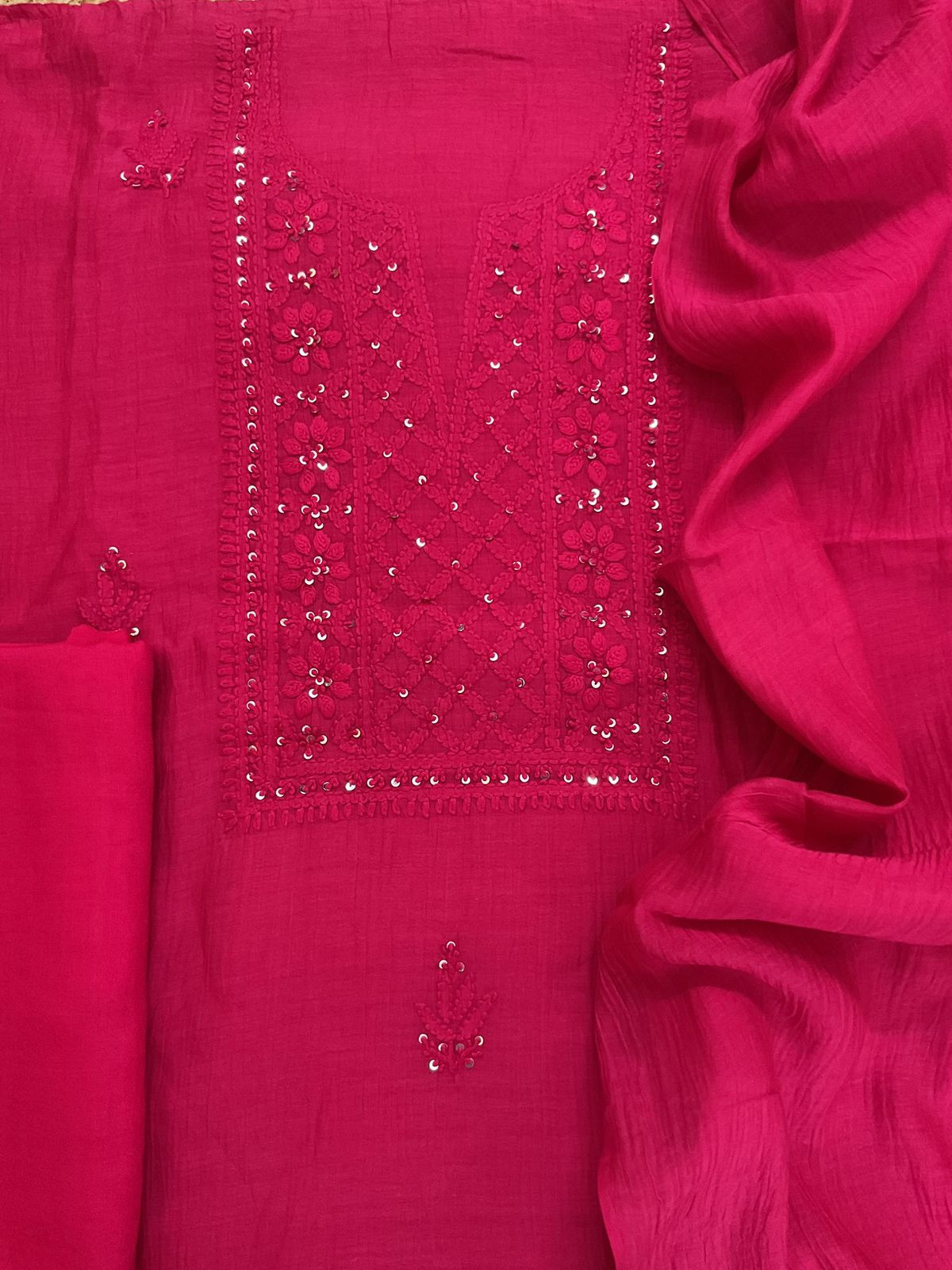 Pure Mul Chanderi Embroidered Suit - Pink