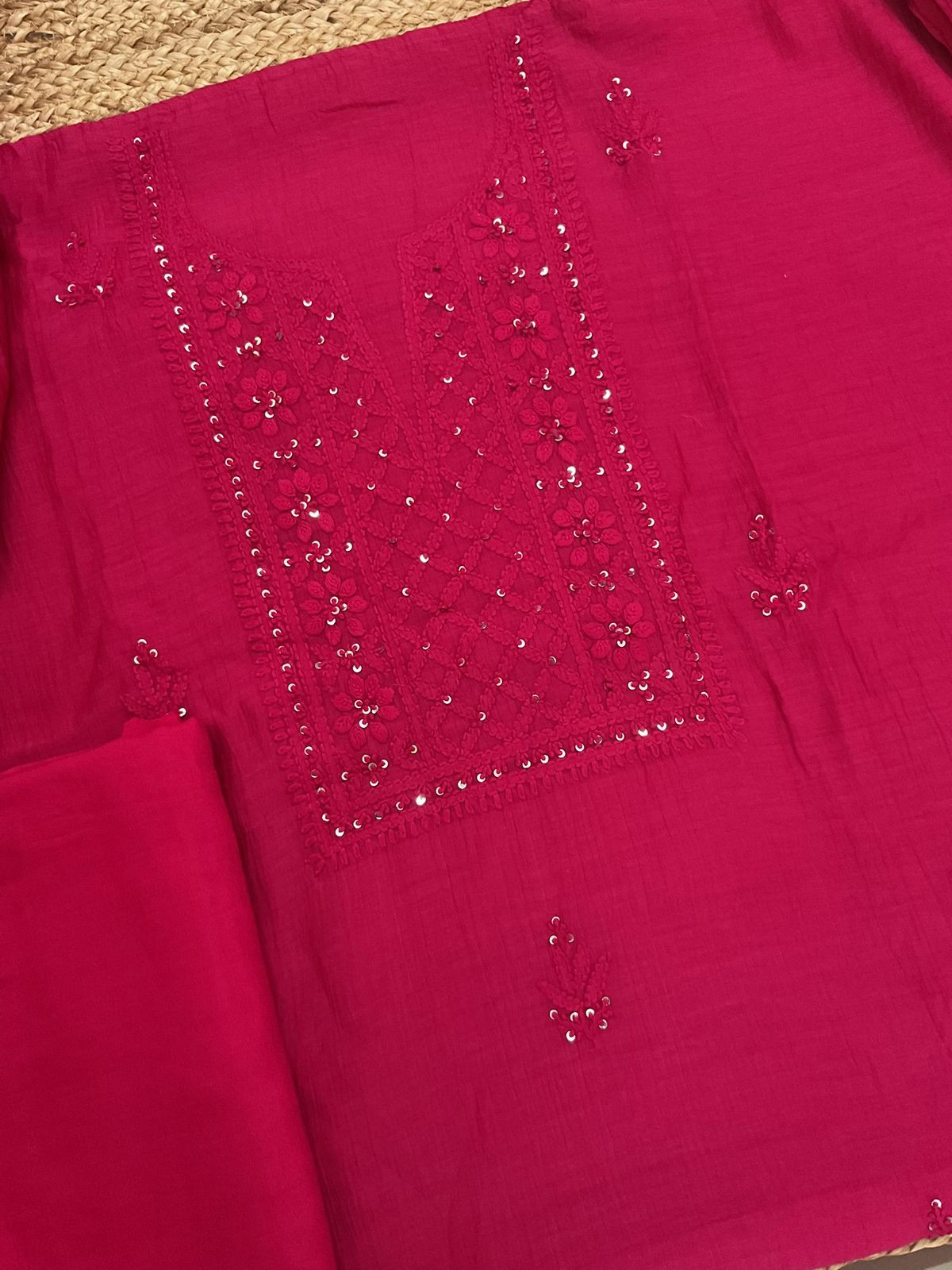 Pure Mul Chanderi Embroidered Suit - Pink