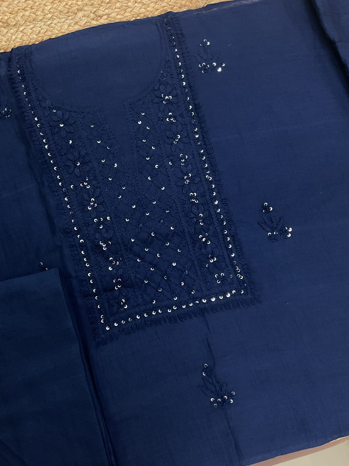 Pure Mul Chanderi Embroidered Suit - Blue