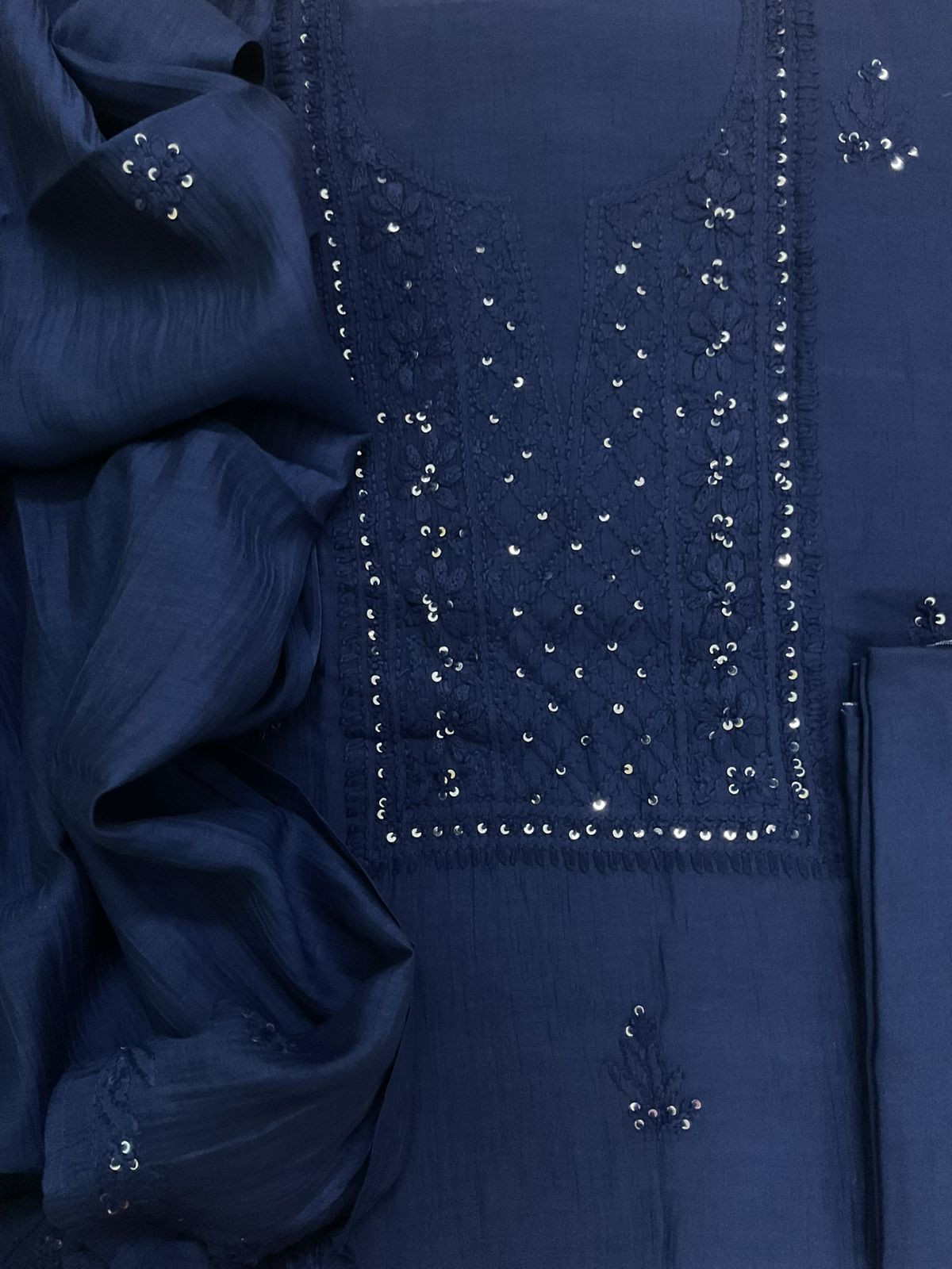 Pure Mul Chanderi Embroidered Suit - Blue