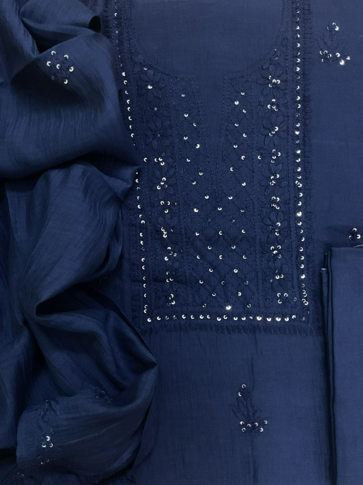 Image of Pure Mul Chanderi Embroidered Suit - Blue