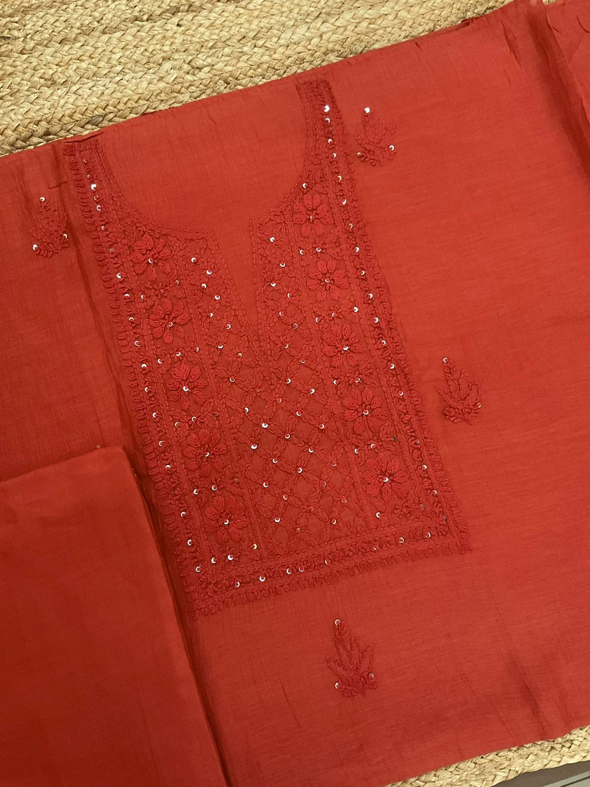 Pure Mul Chanderi Embroidered Suit - Orange