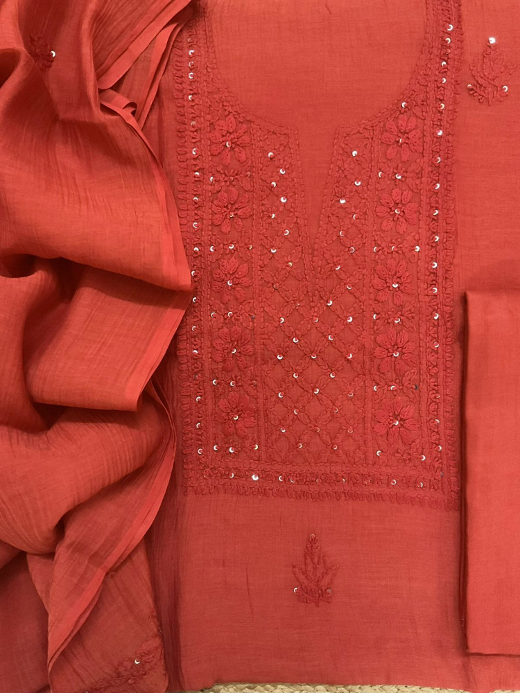 Image of Pure Mul Chanderi Embroidered Suit - Orange