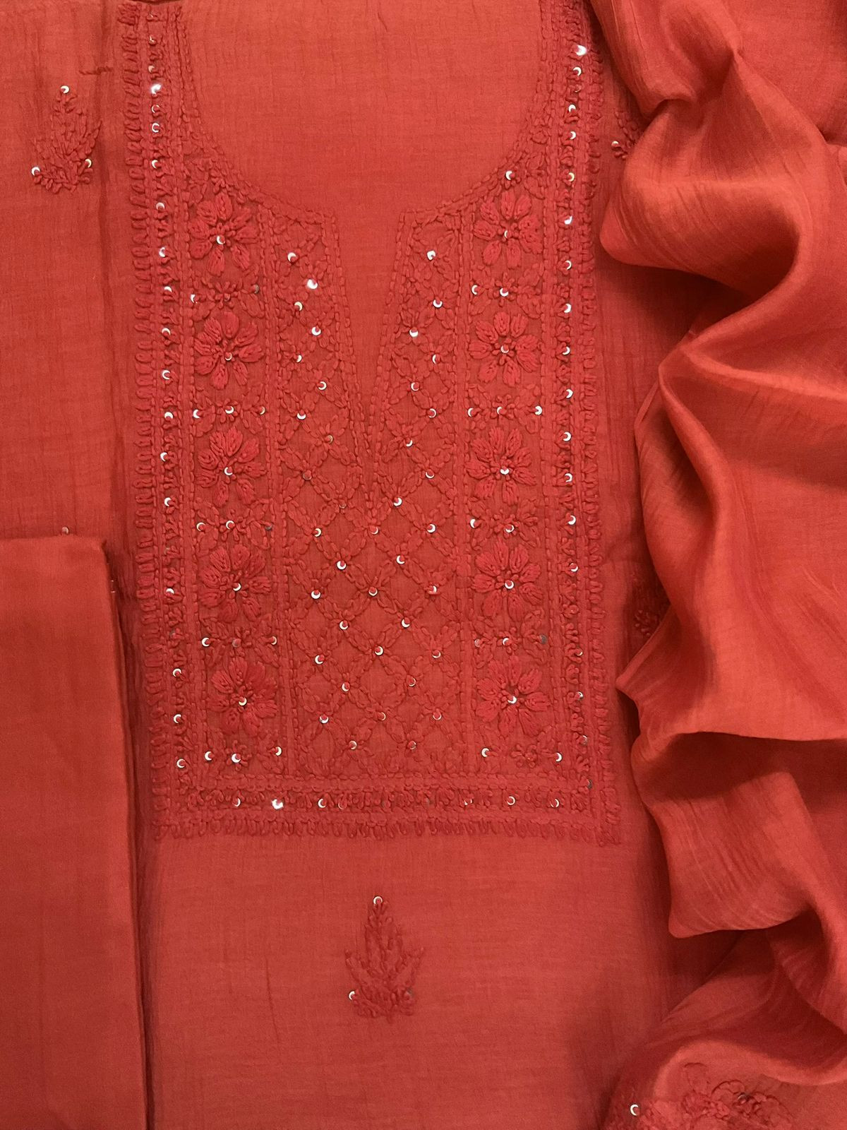 Pure Mul Chanderi Embroidered Suit - Orange