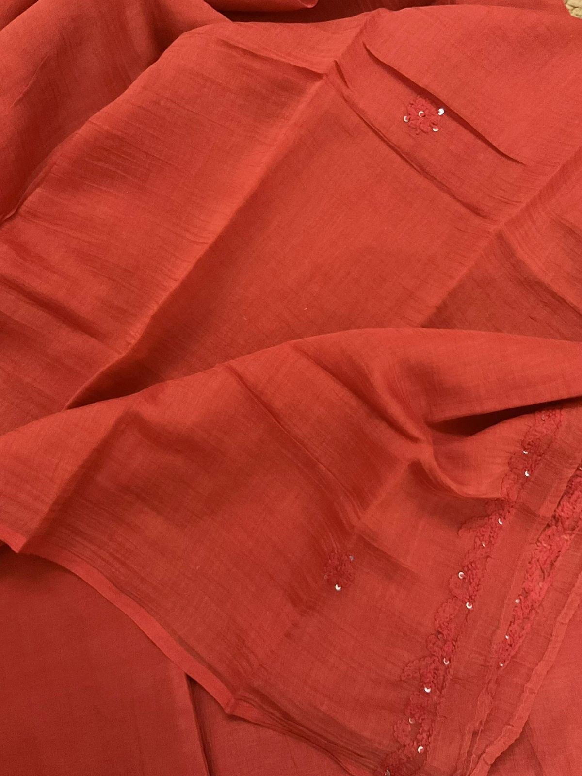 Pure Mul Chanderi Embroidered Suit - Orange