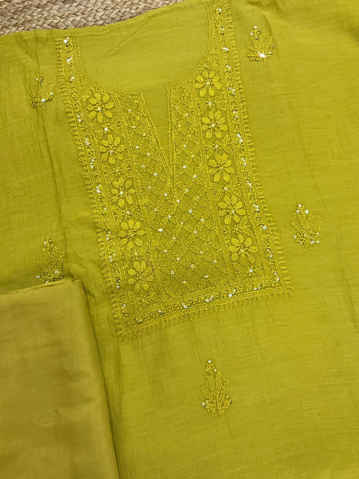 Pure Mul Chanderi Embroidered Suit - Lime Green