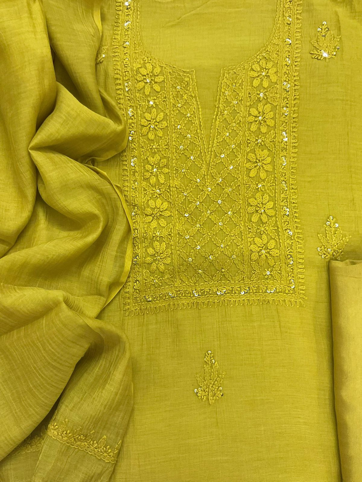 Pure Mul Chanderi Embroidered Suit - Lime Green