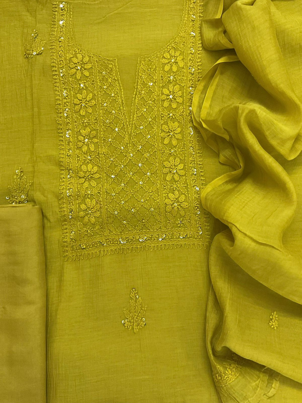 Pure Mul Chanderi Embroidered Suit - Lime Green