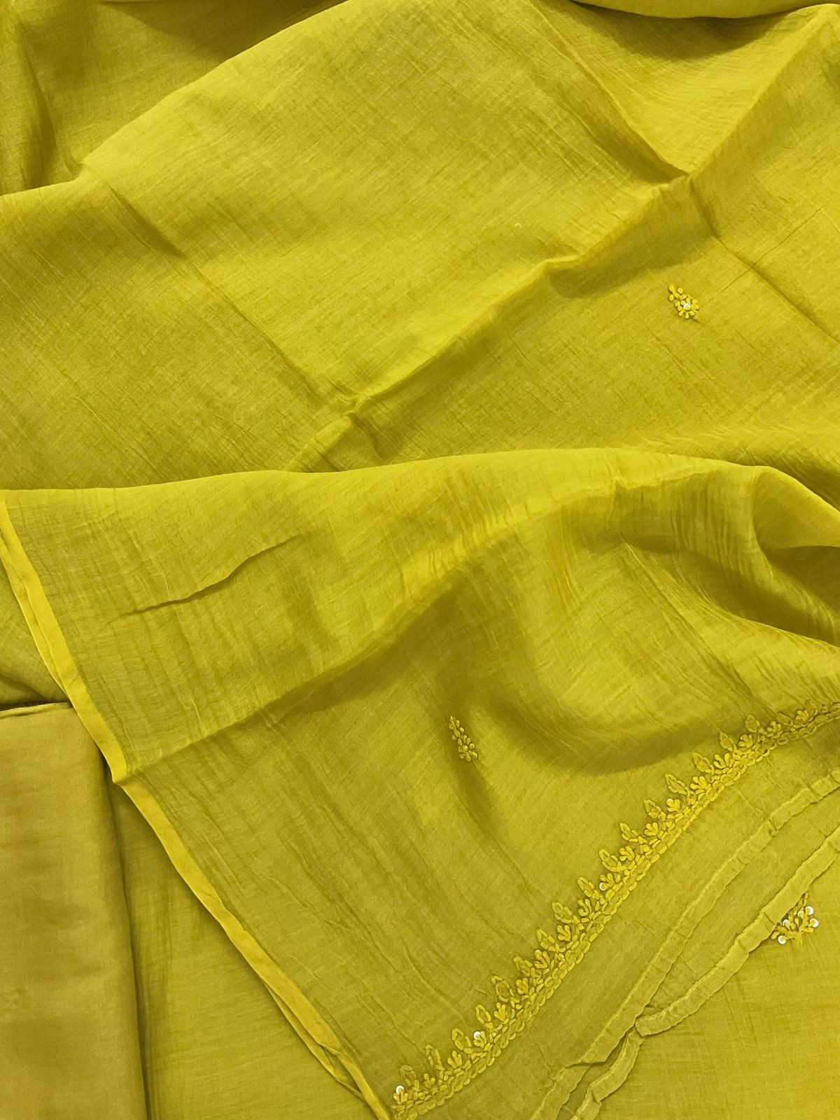 Pure Mul Chanderi Embroidered Suit - Lime Green