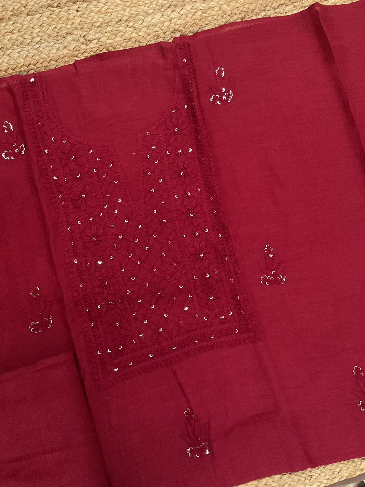 Pure Mul Chanderi Embroidered Suit - Red