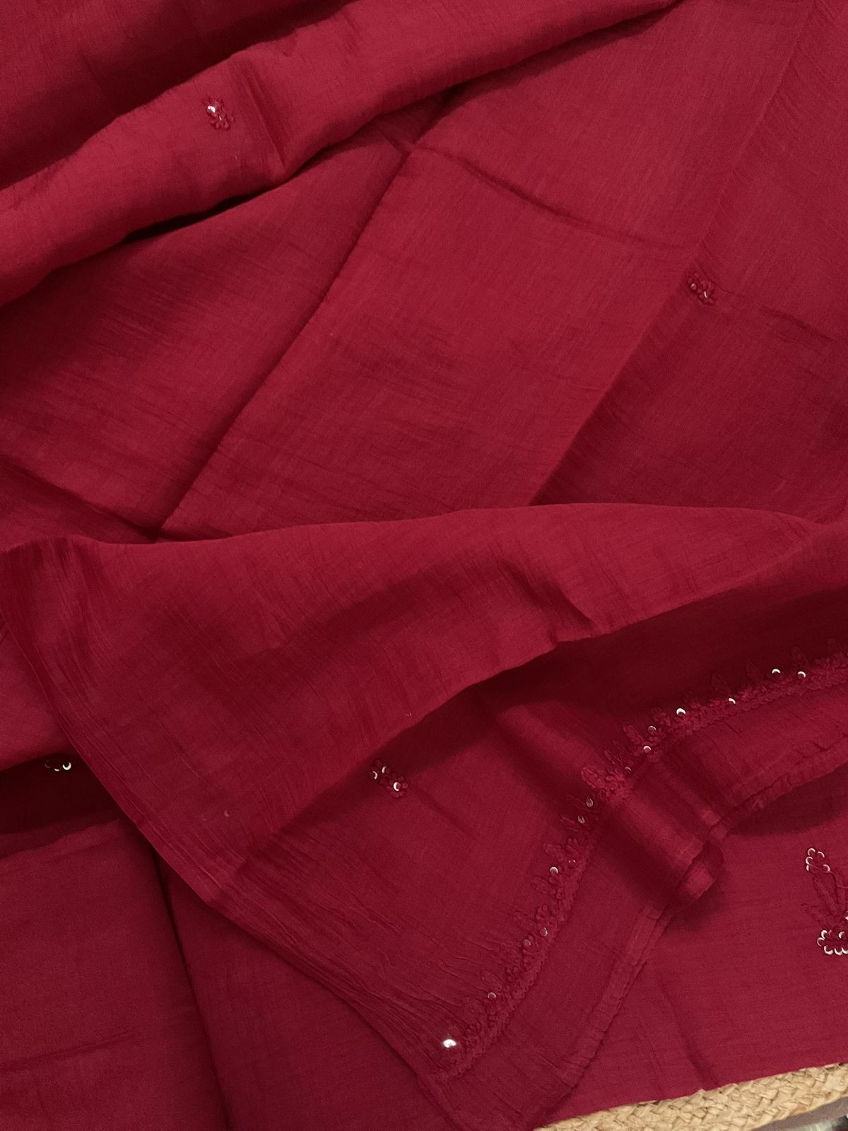 Pure Mul Chanderi Embroidered Suit - Red