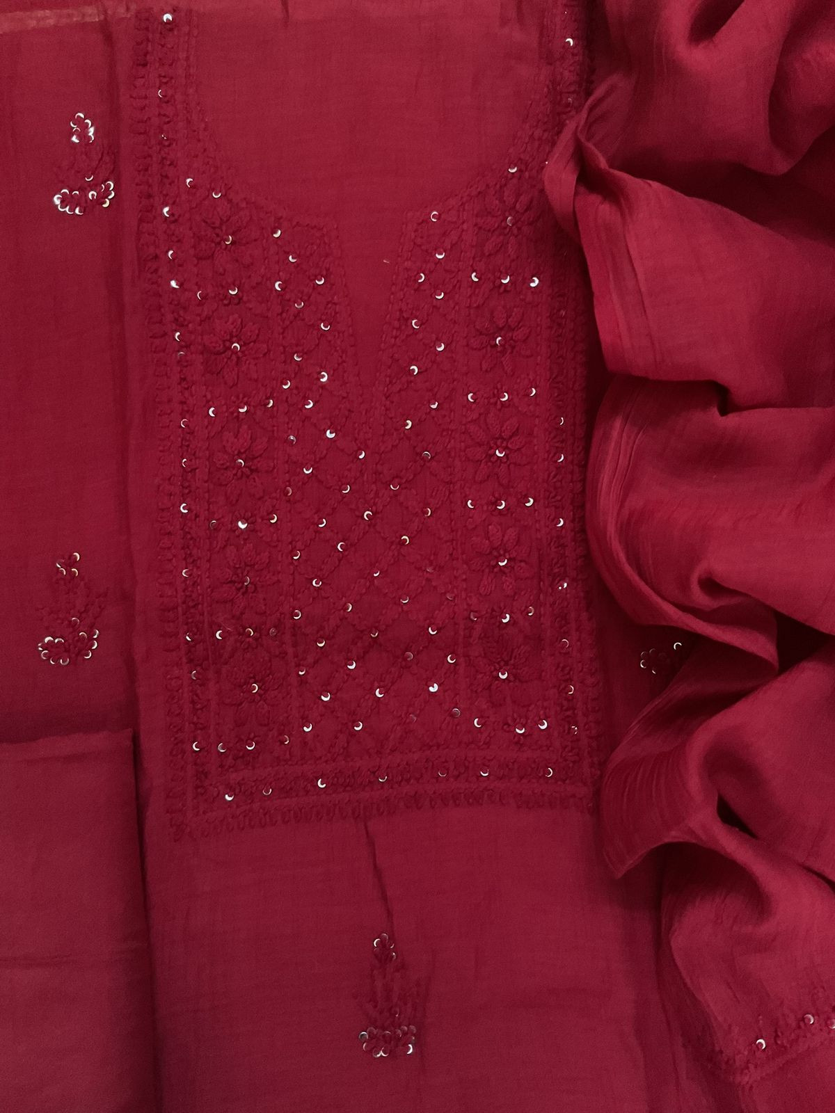 Pure Mul Chanderi Embroidered Suit - Red