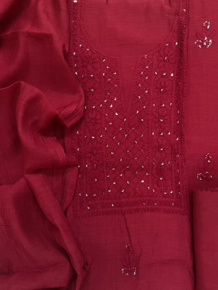 Image of Pure Mul Chanderi Embroidered Suit - Red