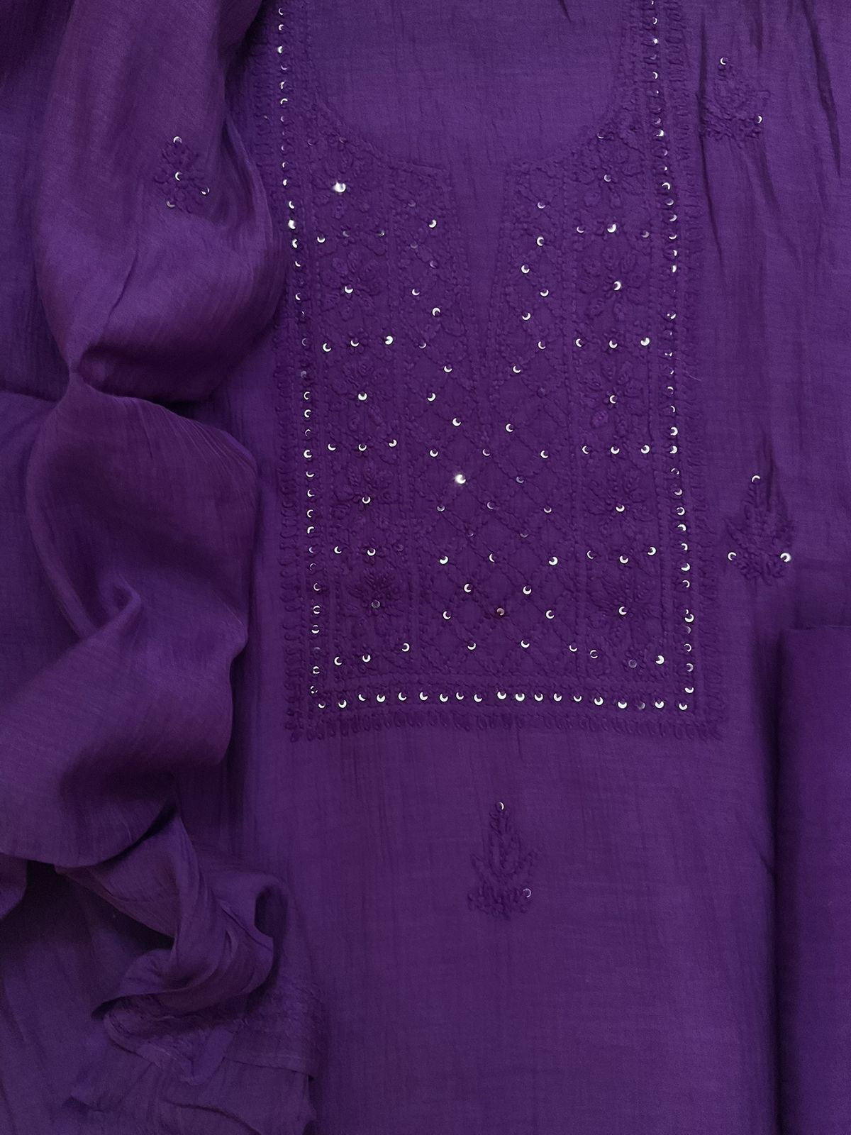 Pure Mul Chanderi Embroidered Suit - Violet