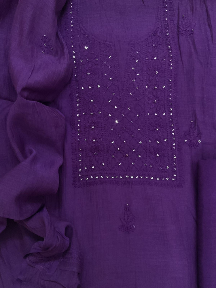 Image of Pure Mul Chanderi Embroidered Suit - Violet
