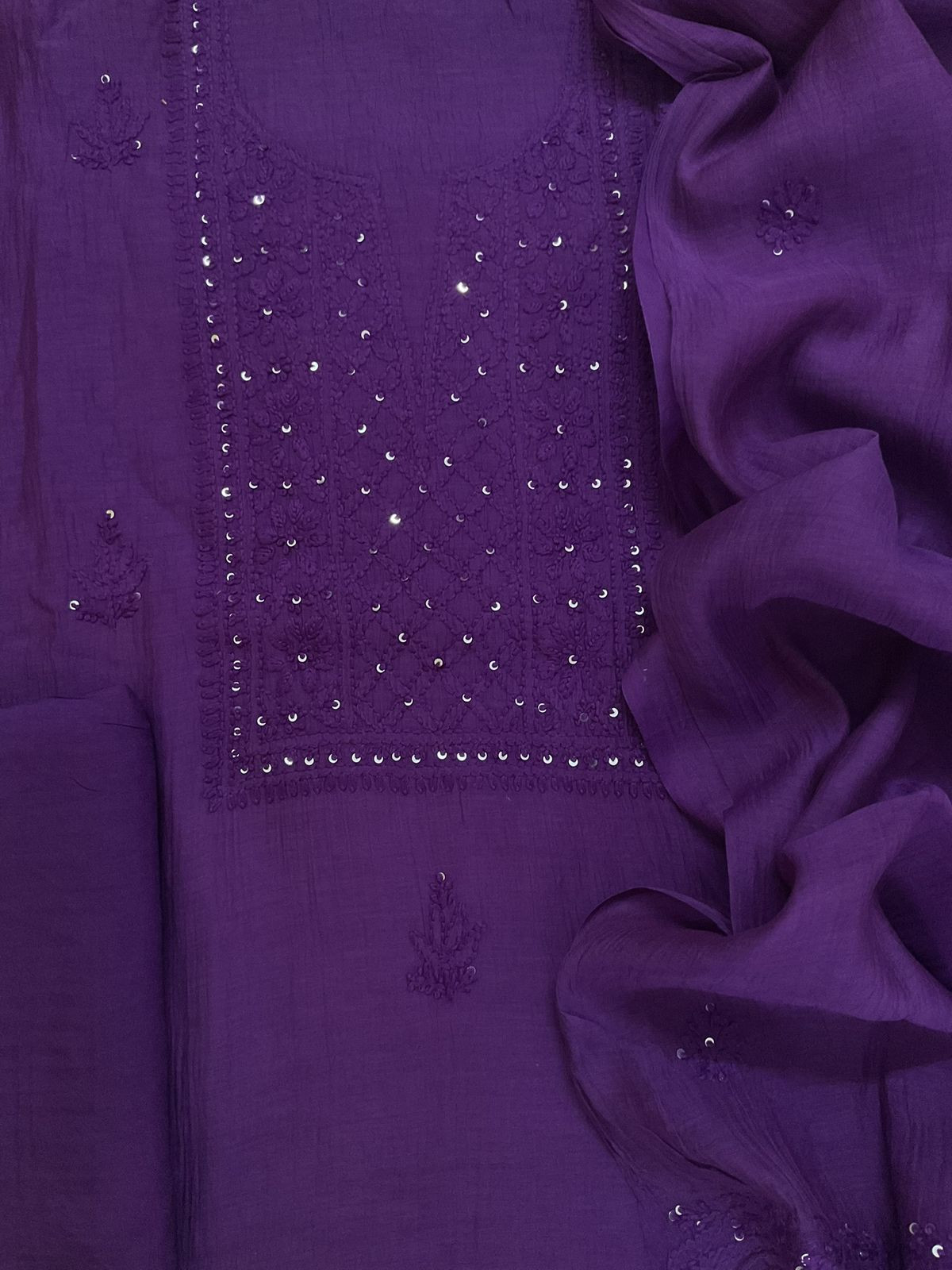 Pure Mul Chanderi Embroidered Suit - Violet