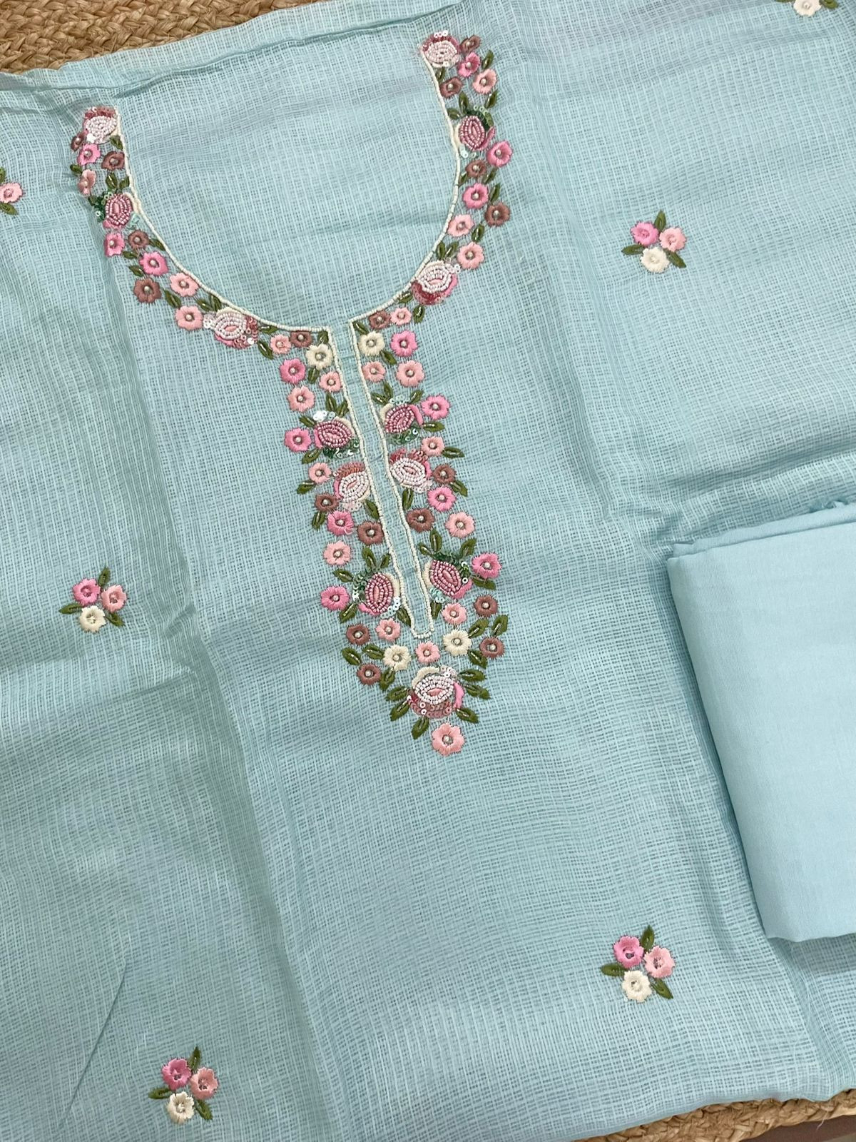 Soft Kota Silk Embroidered Suit - Blue
