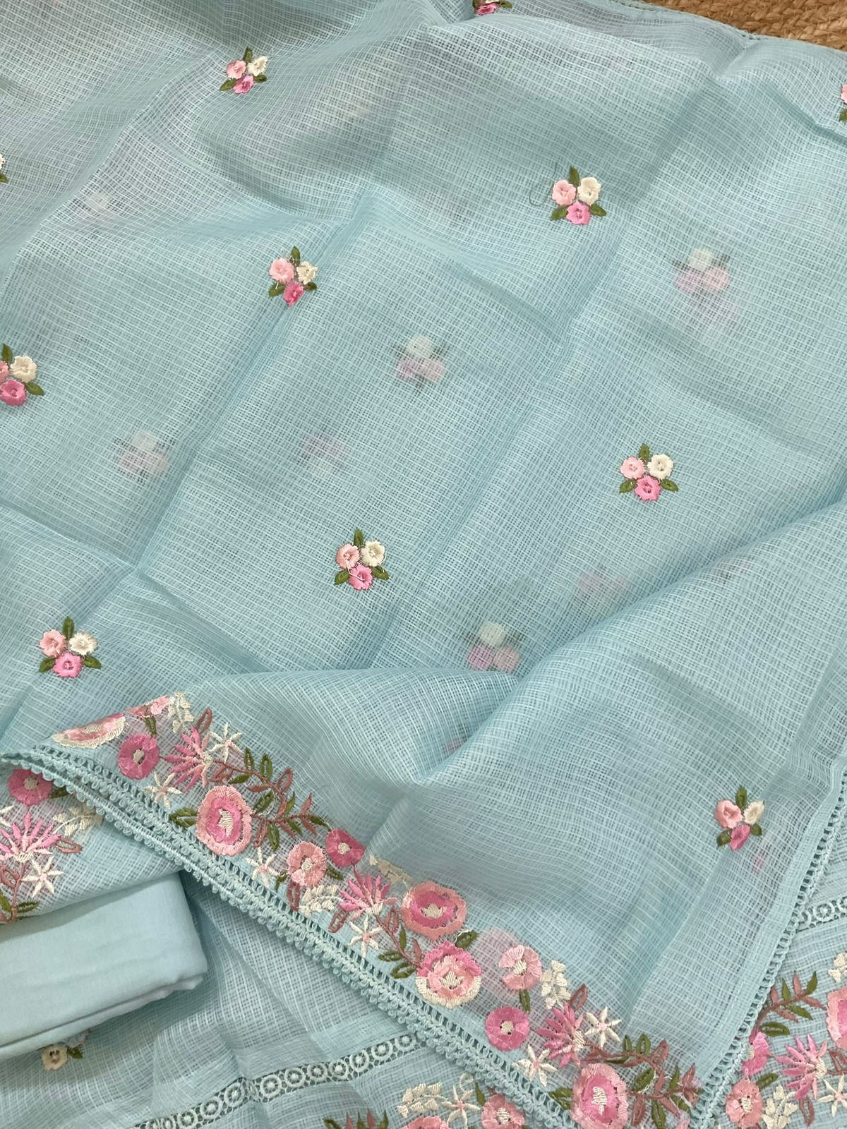 Soft Kota Silk Embroidered Suit - Blue