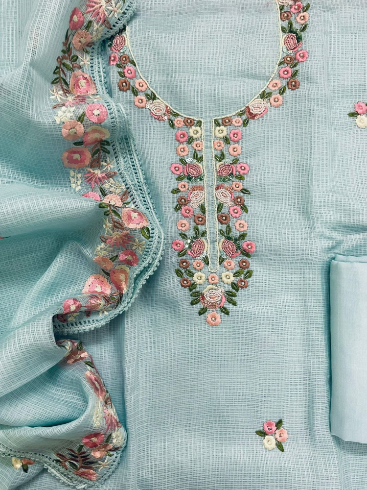 Image of Soft Kota Silk Embroidered Suit - Blue