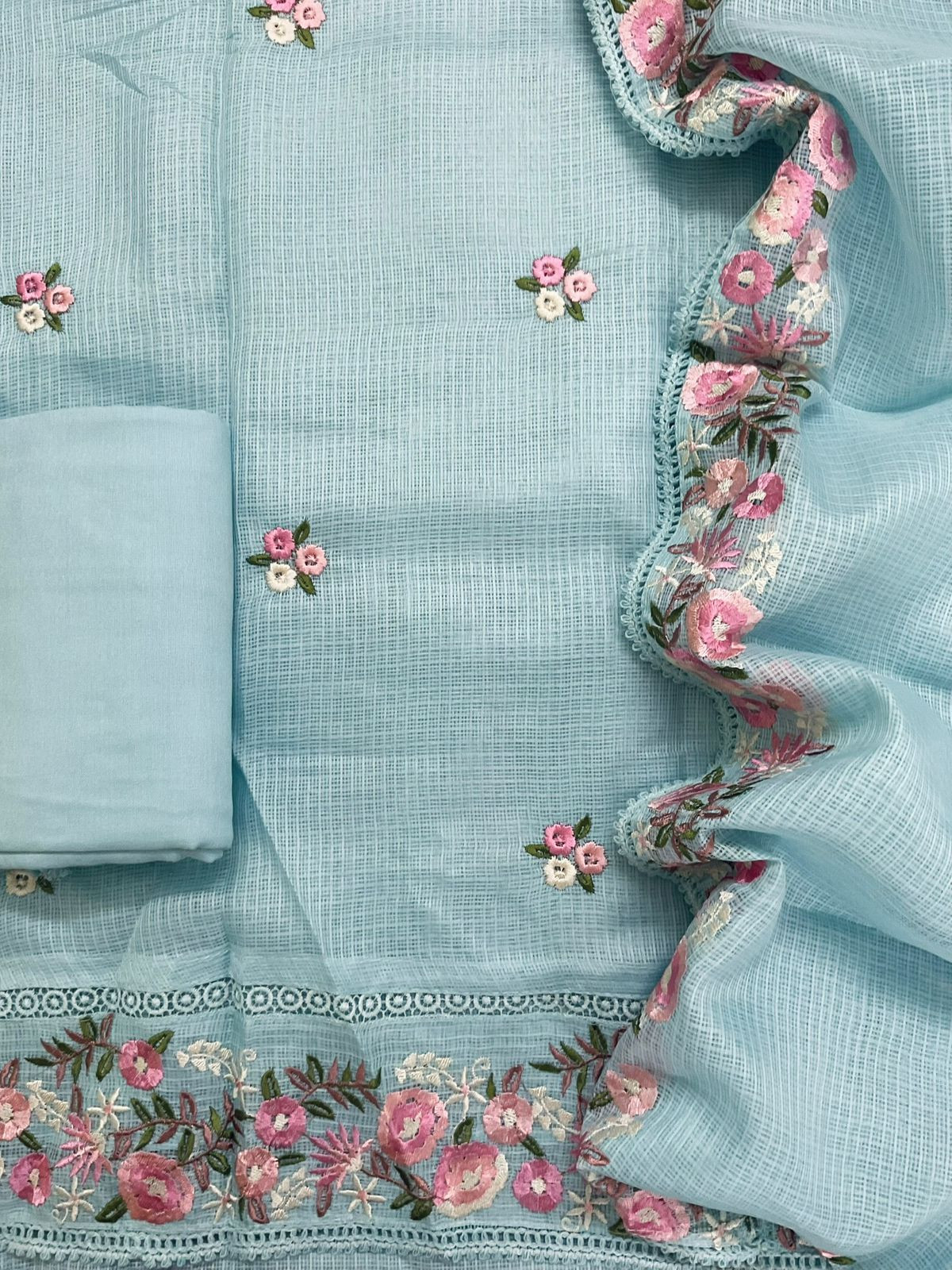 Soft Kota Silk Embroidered Suit - Blue