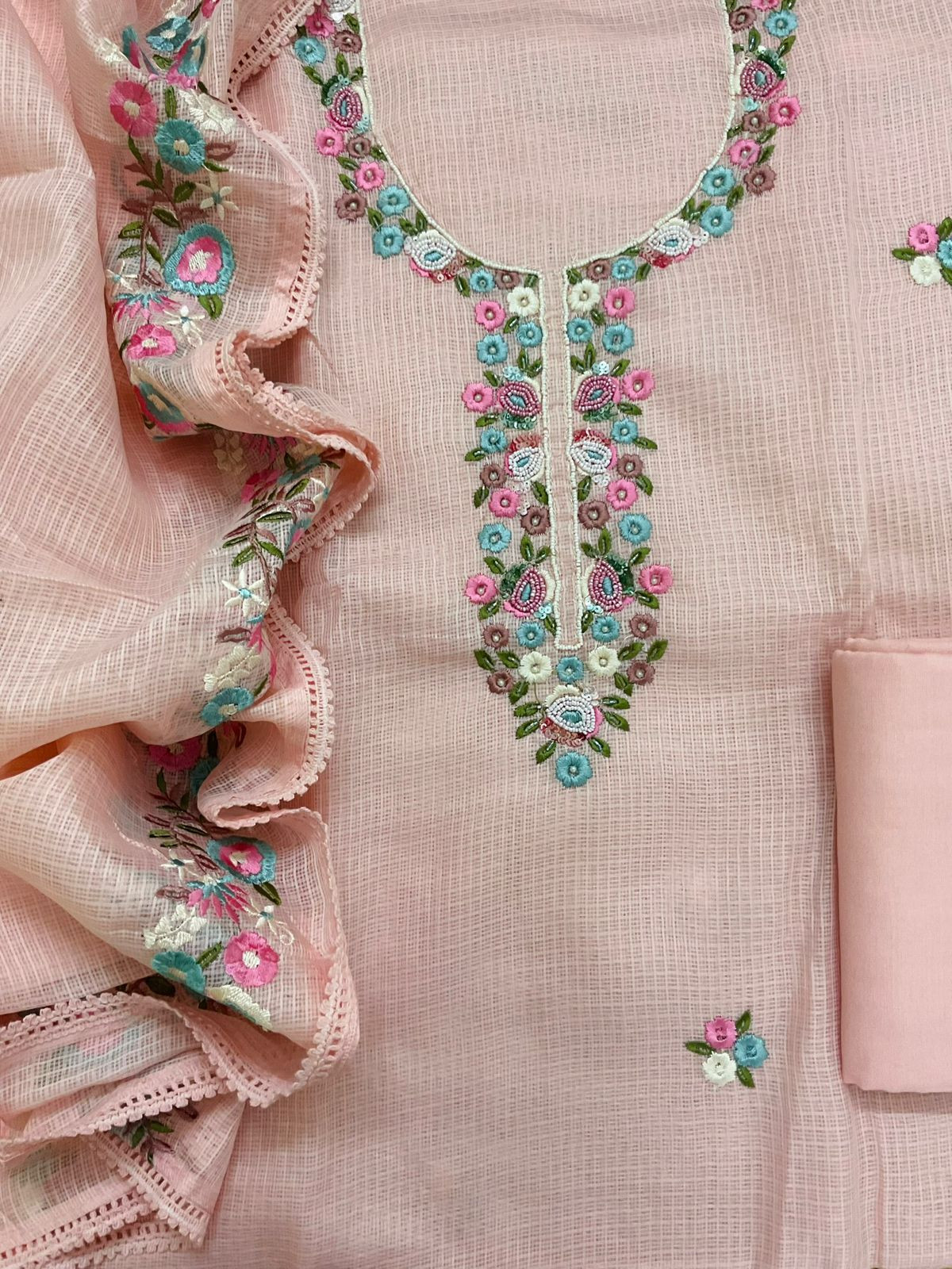 Soft Kota Silk Embroidered Suit - Peach
