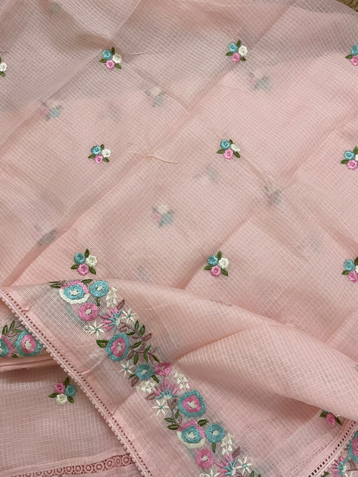 Soft Kota Silk Embroidered Suit - Peach