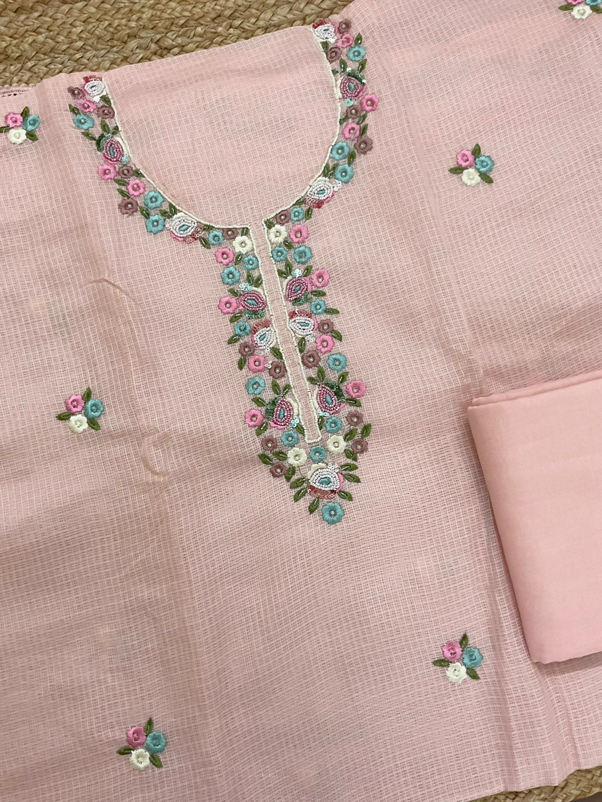 Soft Kota Silk Embroidered Suit - Peach