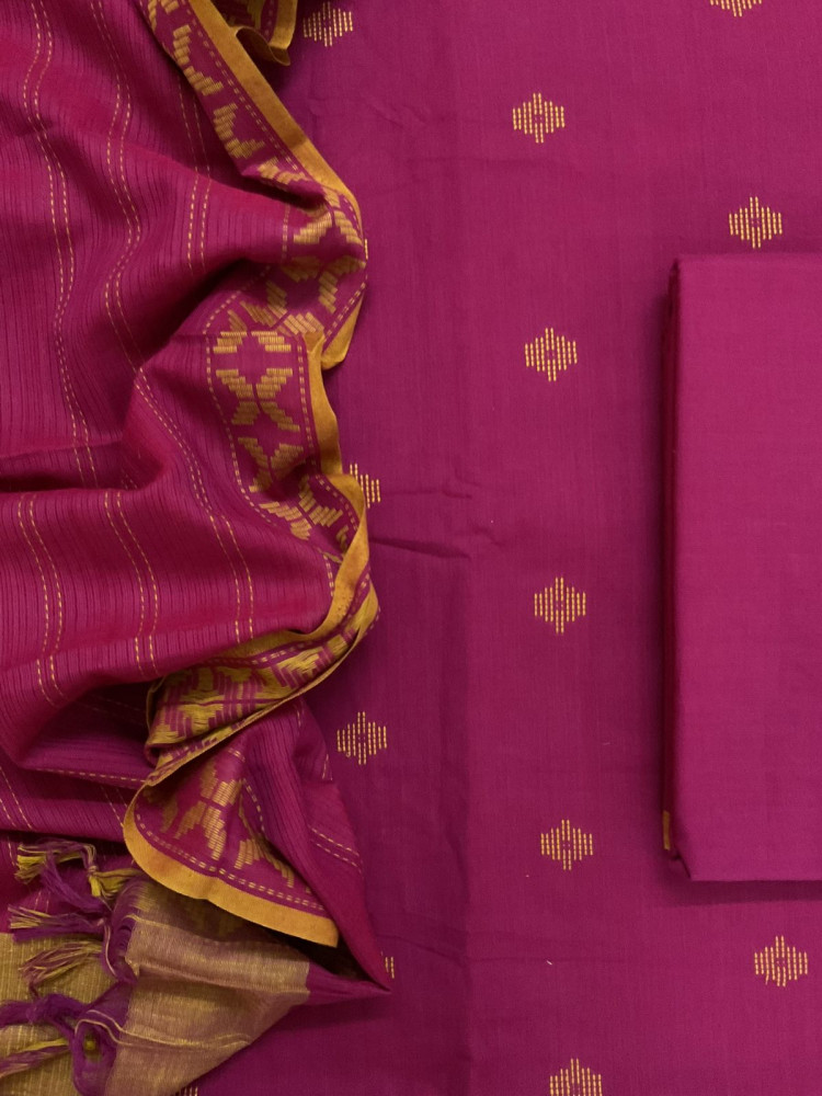 Image of Pure Handloom Cotton Self Weaved Suit - Dark Pink
