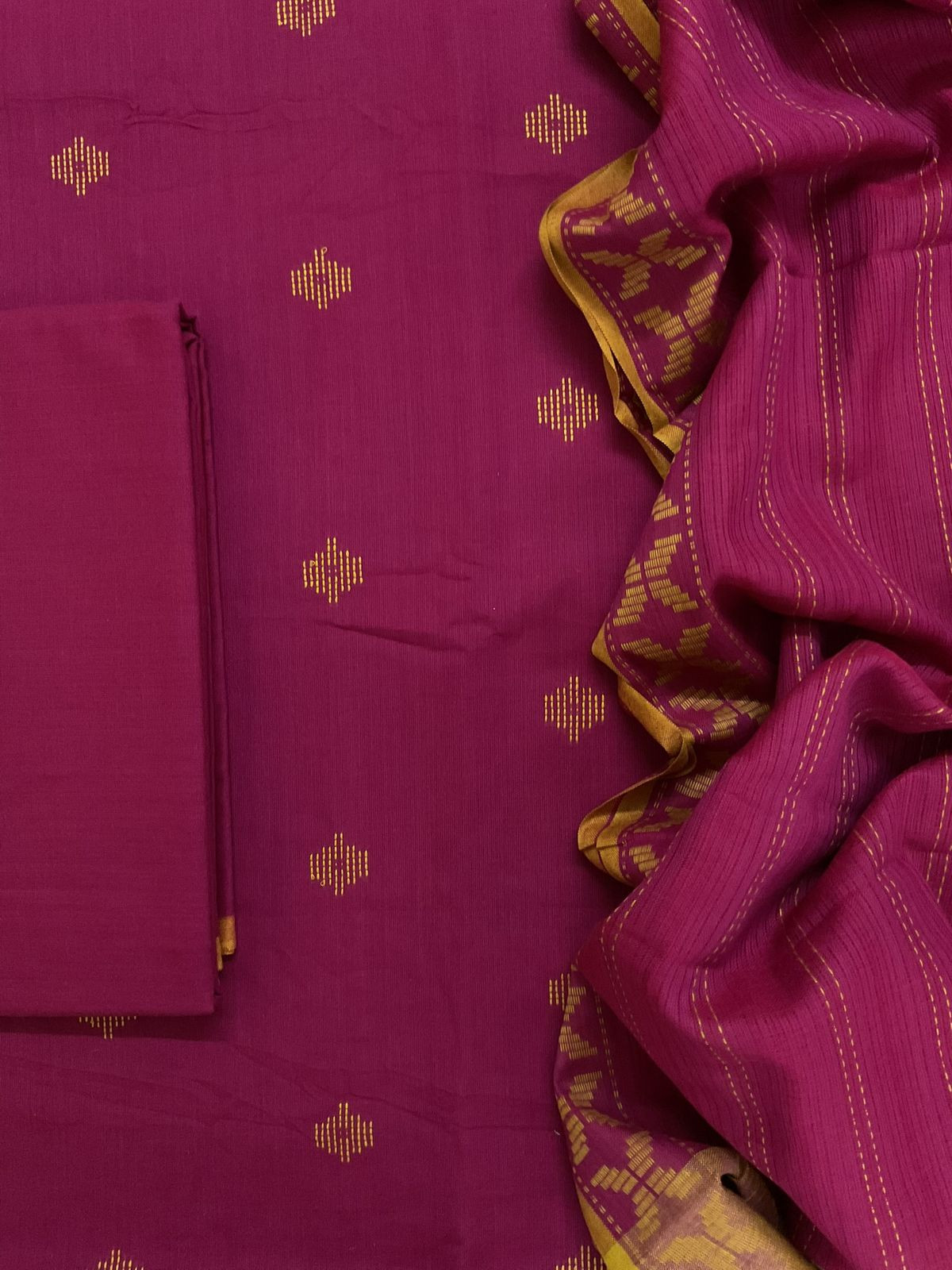 Pure Handloom Cotton Self Weaved Suit - Dark Pink