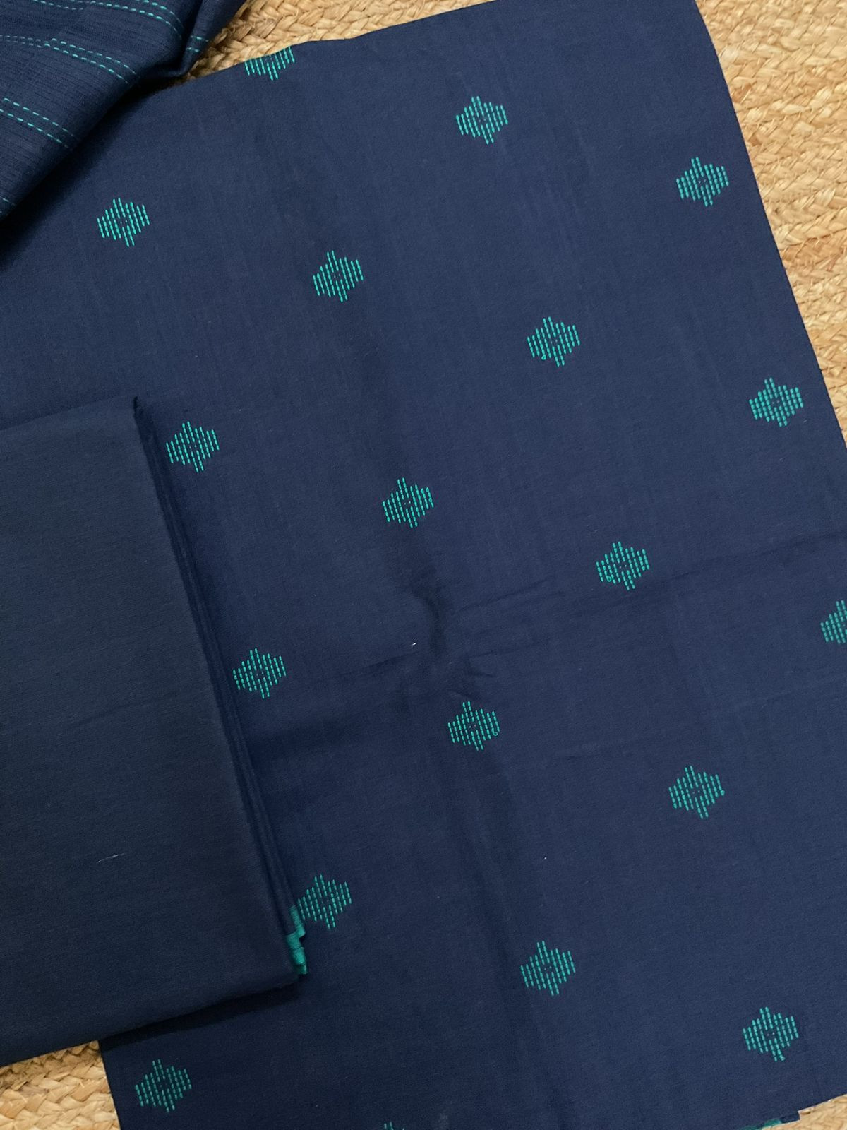 Pure Handloom Cotton Self Weaved Suit - Blue