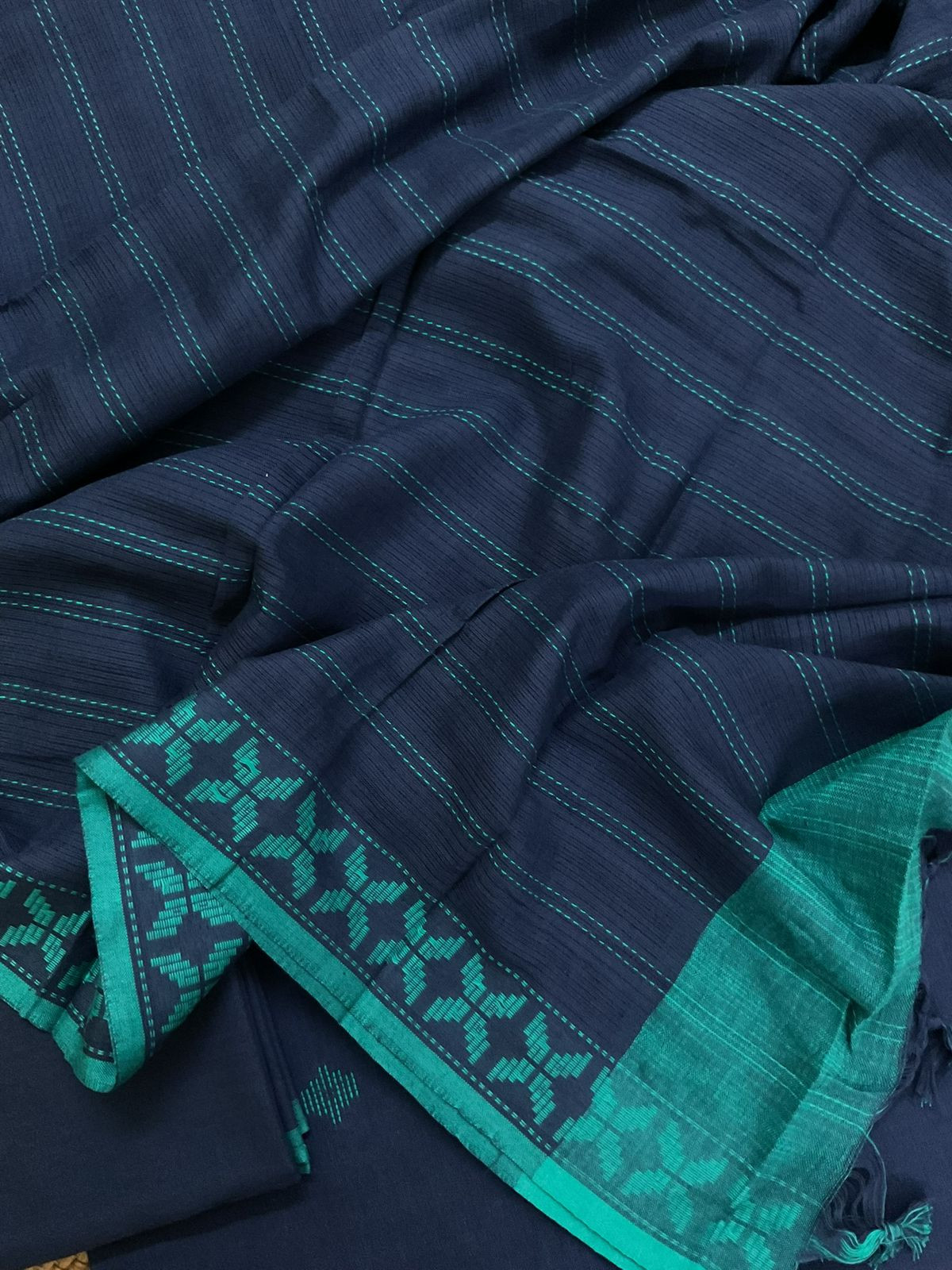 Pure Handloom Cotton Self Weaved Suit - Blue