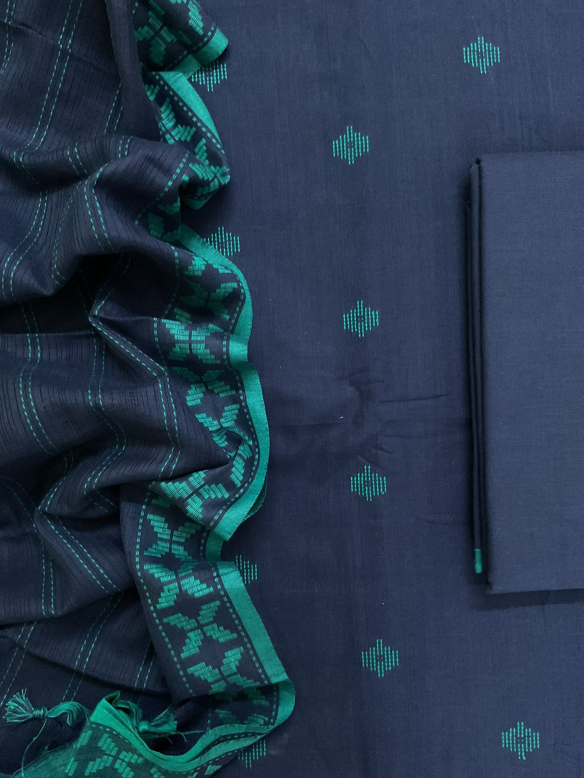 Pure Handloom Cotton Self Weaved Suit - Blue