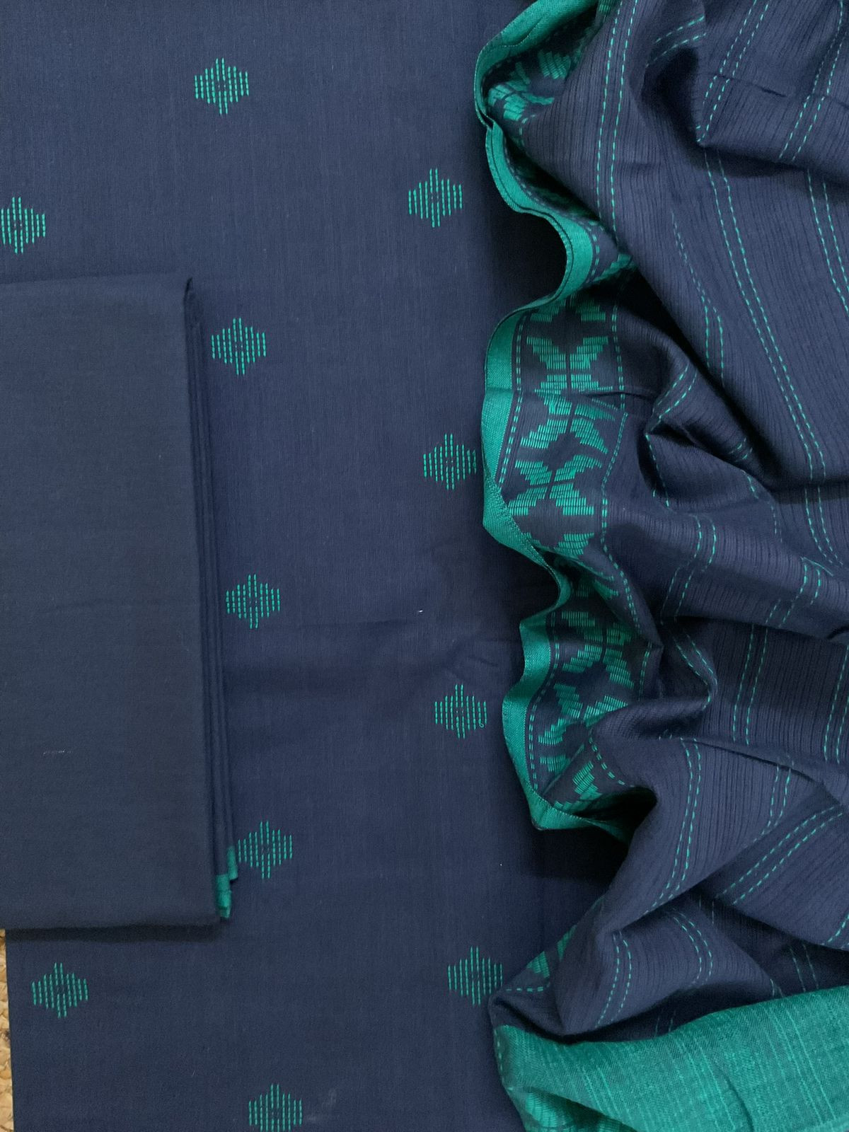 Pure Handloom Cotton Self Weaved Suit - Blue