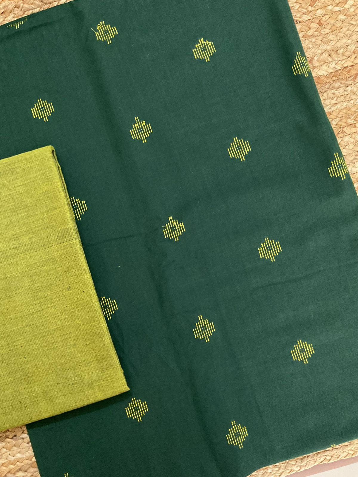 Pure Handloom Cotton Self Weaved Suit - Green