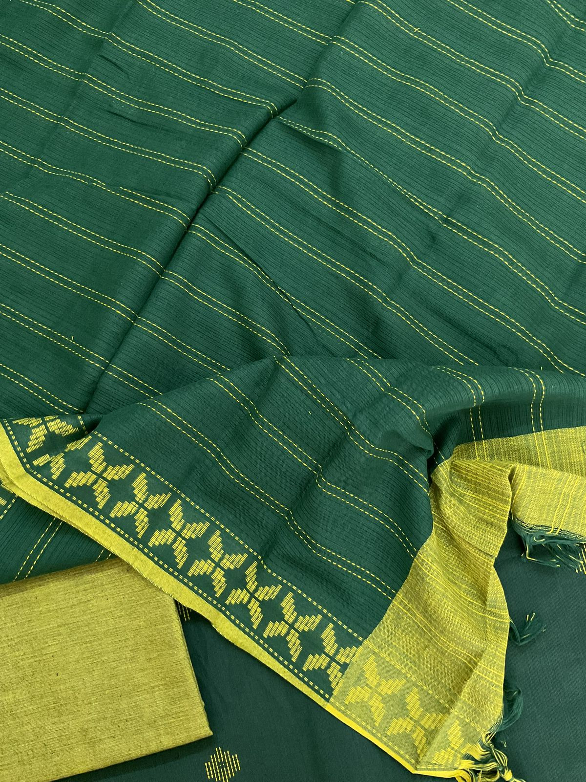 Pure Handloom Cotton Self Weaved Suit - Green