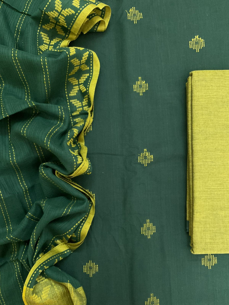 Image of Pure Handloom Cotton Self Weaved Suit - Green