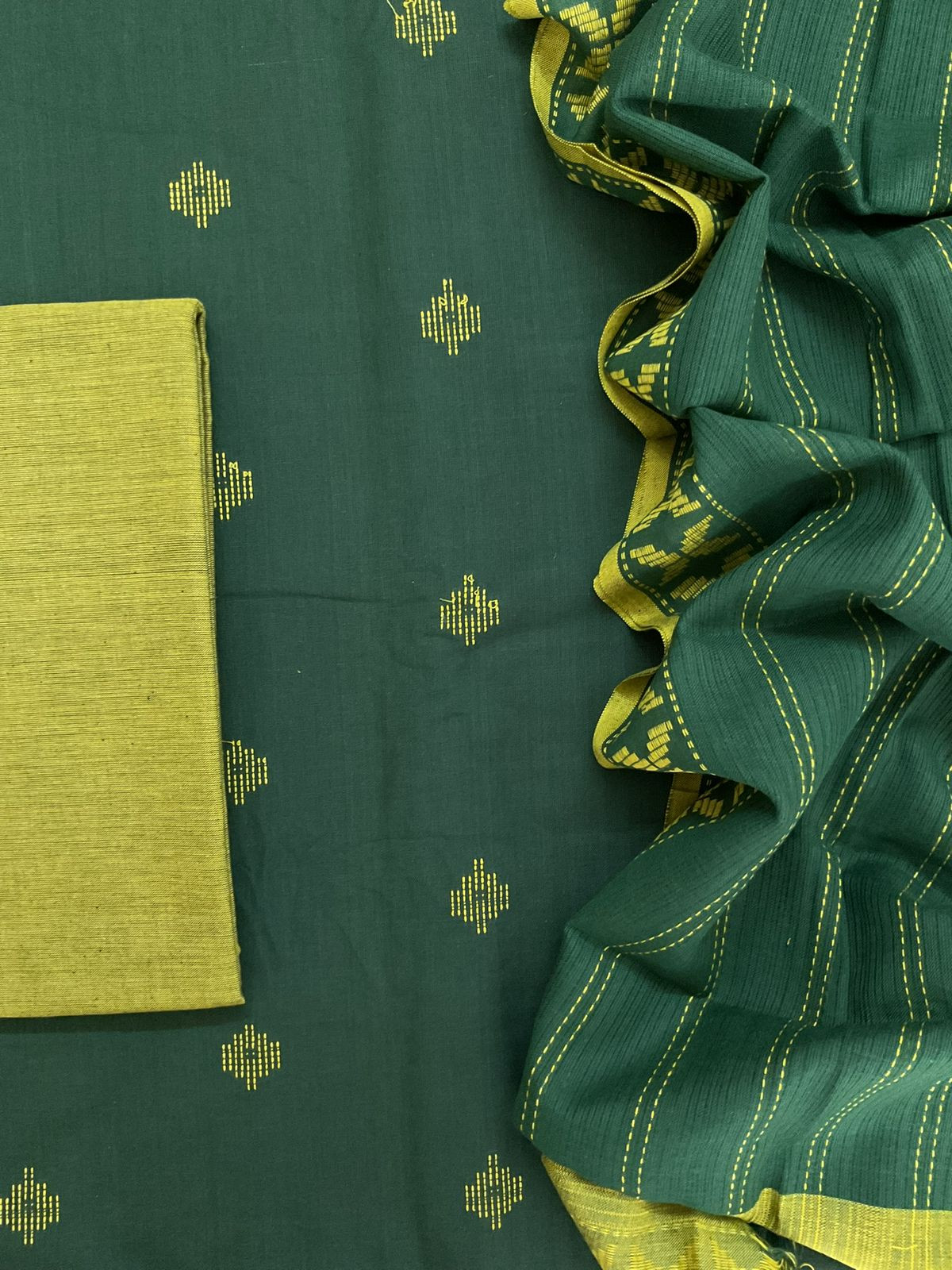 Pure Handloom Cotton Self Weaved Suit - Green
