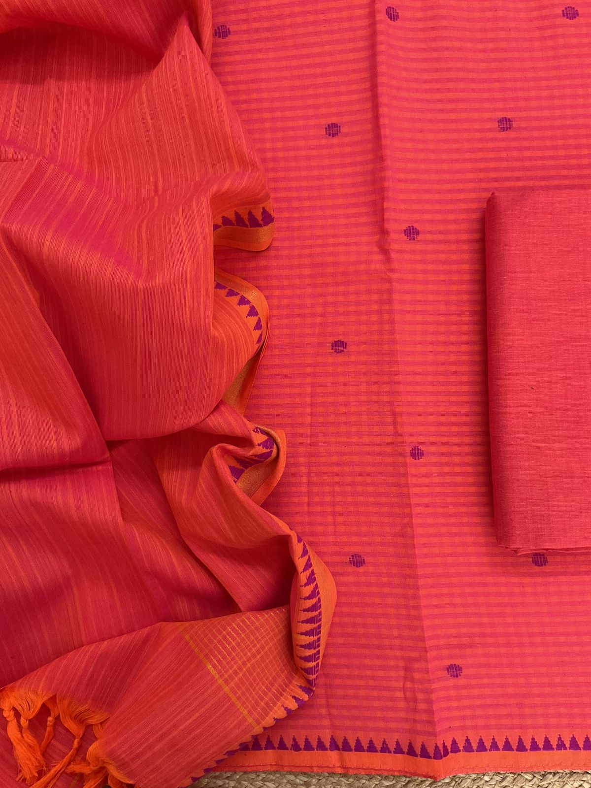 Pure Handloom Cotton Self Weaved Suit - Peach