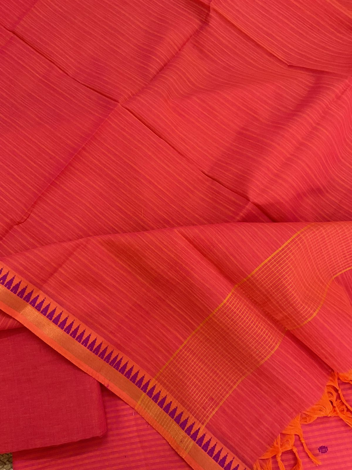 Pure Handloom Cotton Self Weaved Suit - Peach